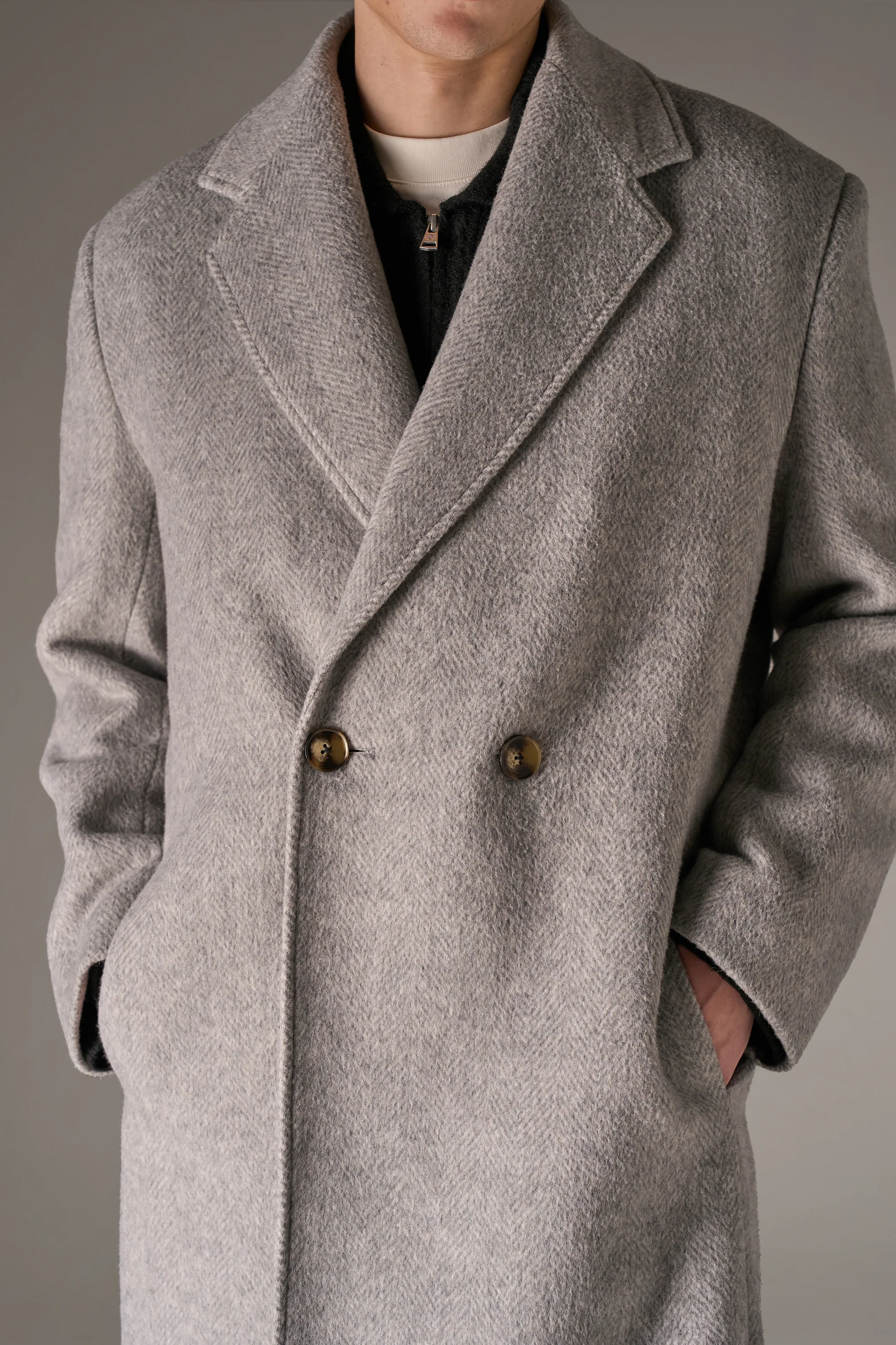 HERRINGBONE WOOL LONGLINE DUSTER COAT - GREY - Image 5