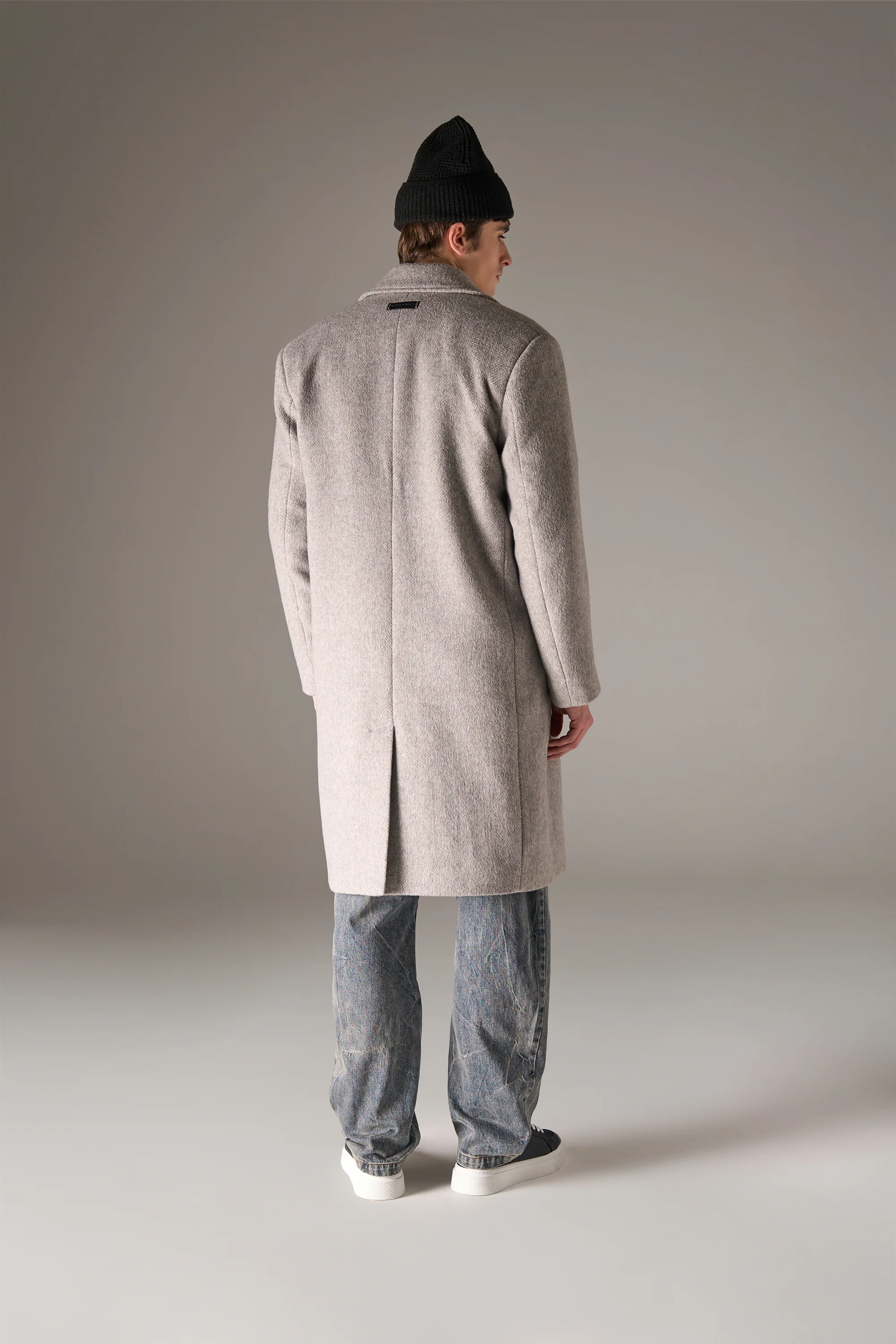 HERRINGBONE WOOL LONGLINE DUSTER COAT - GREY - Image 7