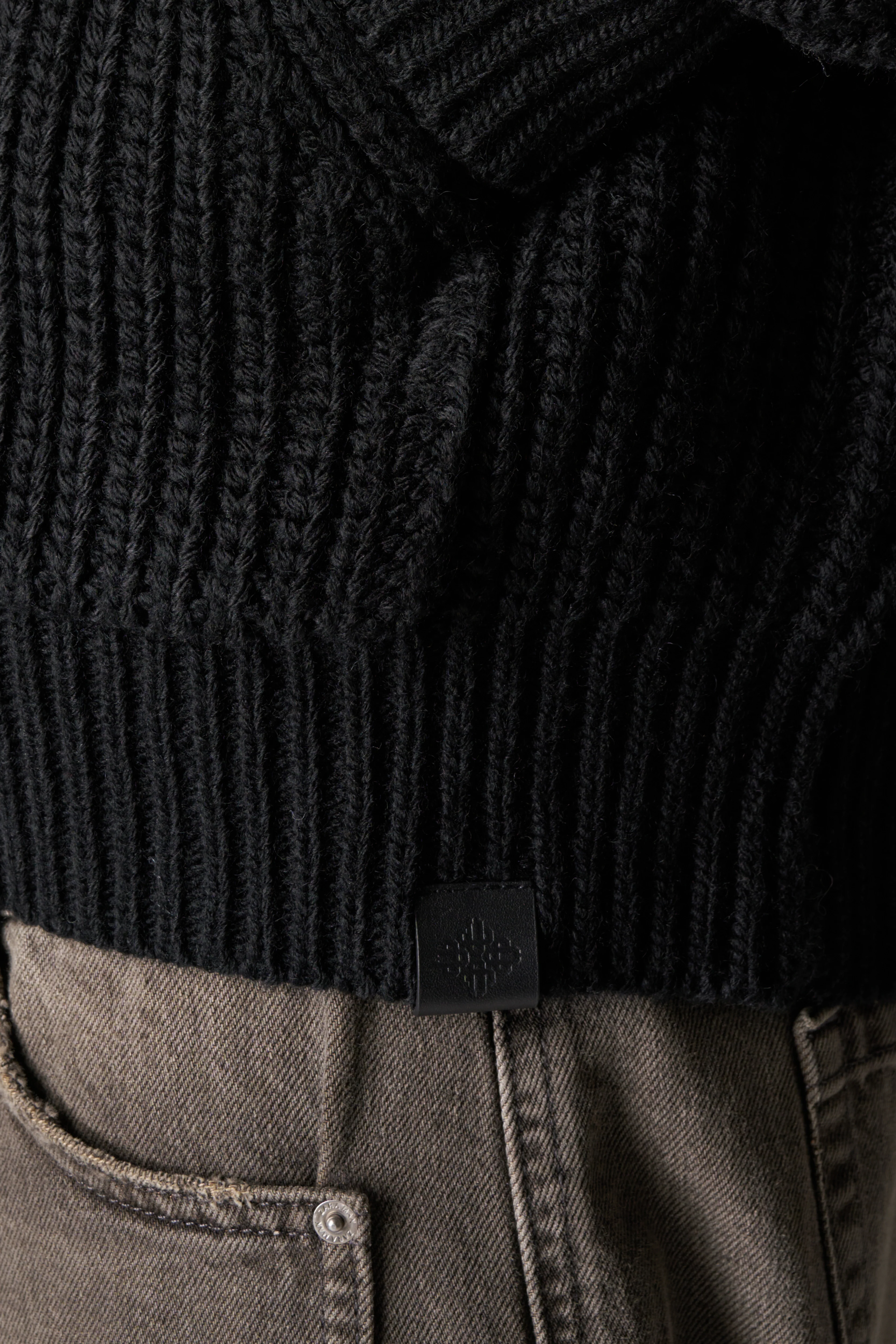 HEAVY RIB KNITTED ZIP THROUGH HOODIE - BLACK - Image 6