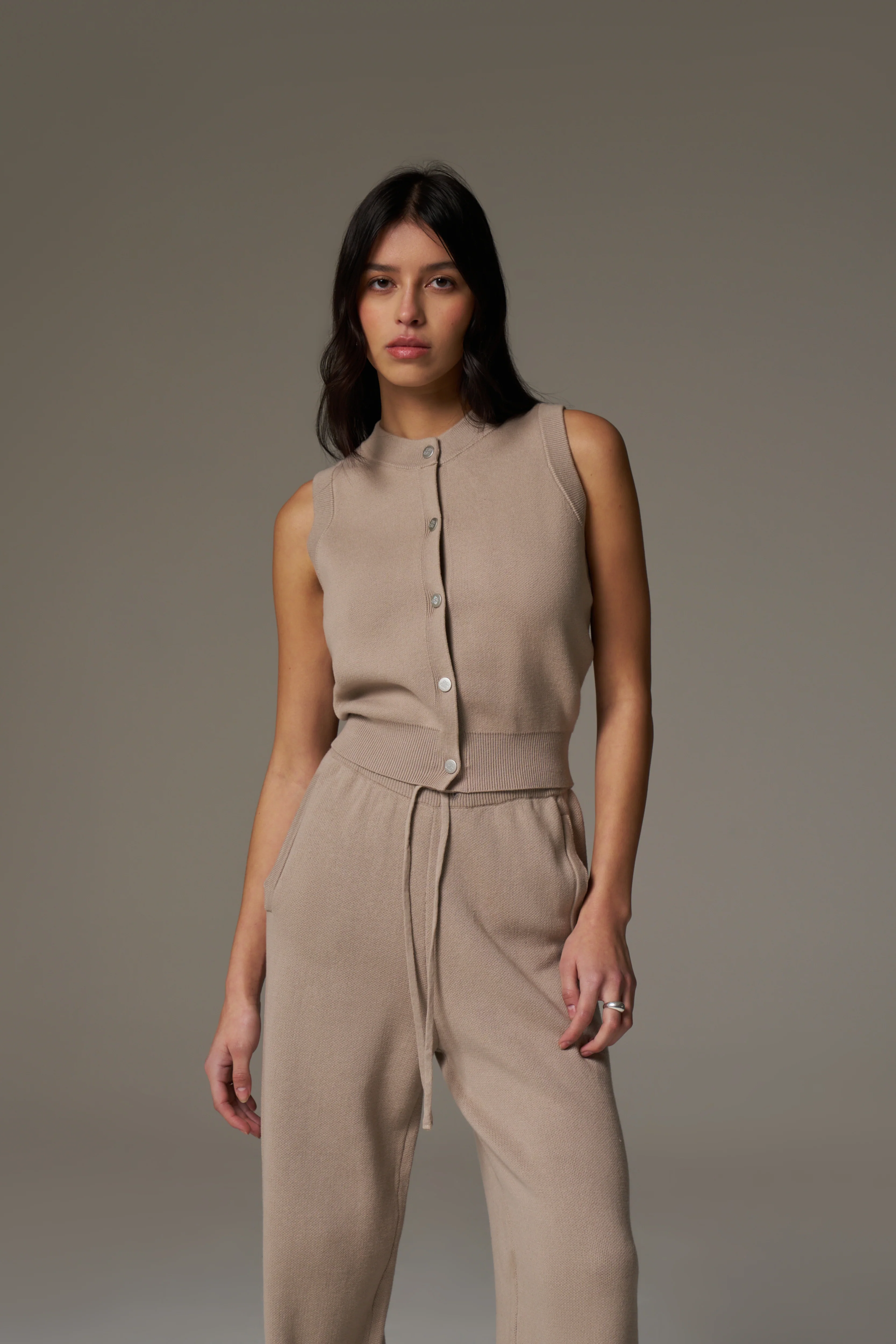 KNIT BUTTON THROUGH TOP - BEIGE - Image 2