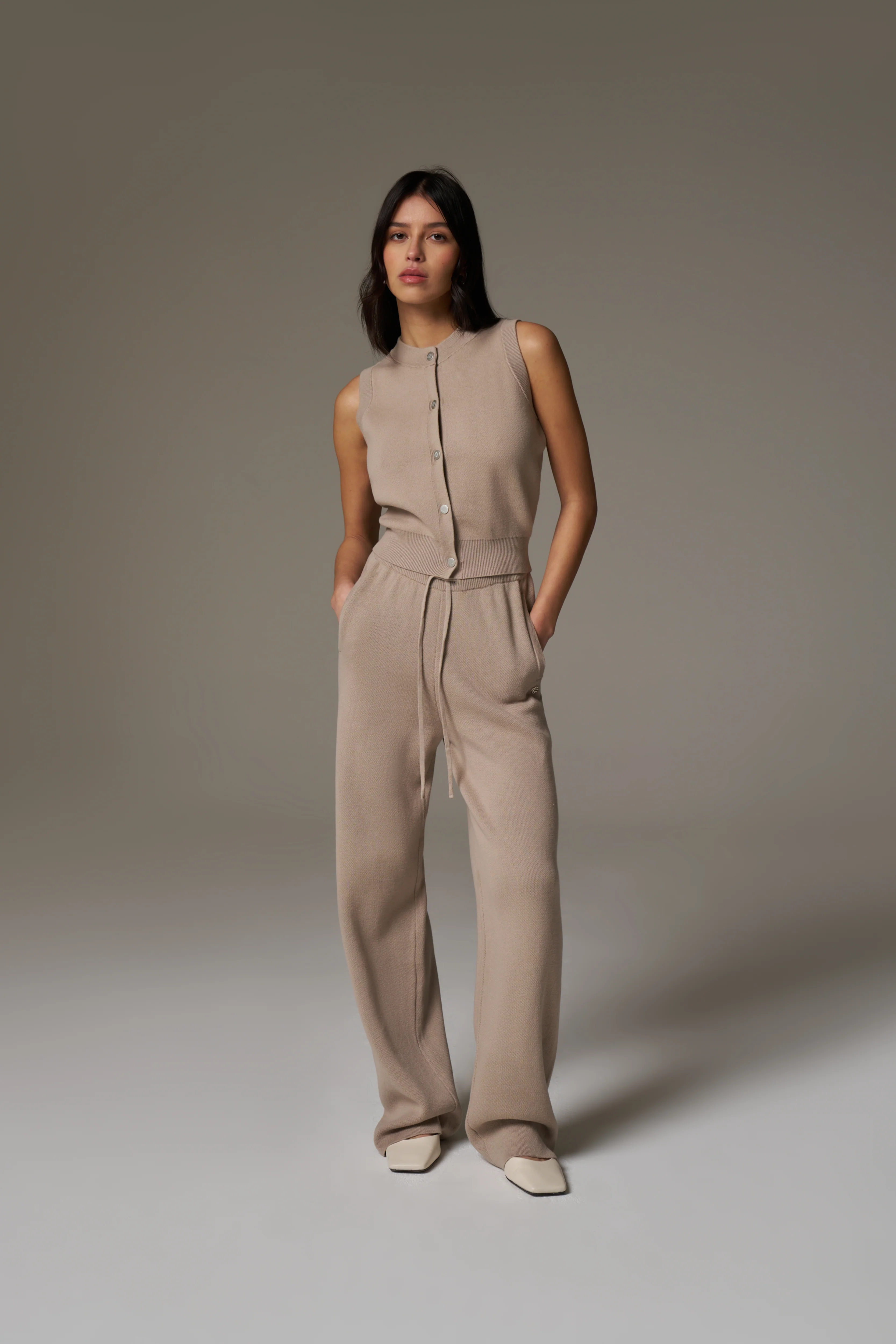 KNIT BUTTON THROUGH TOP - BEIGE - Image 3