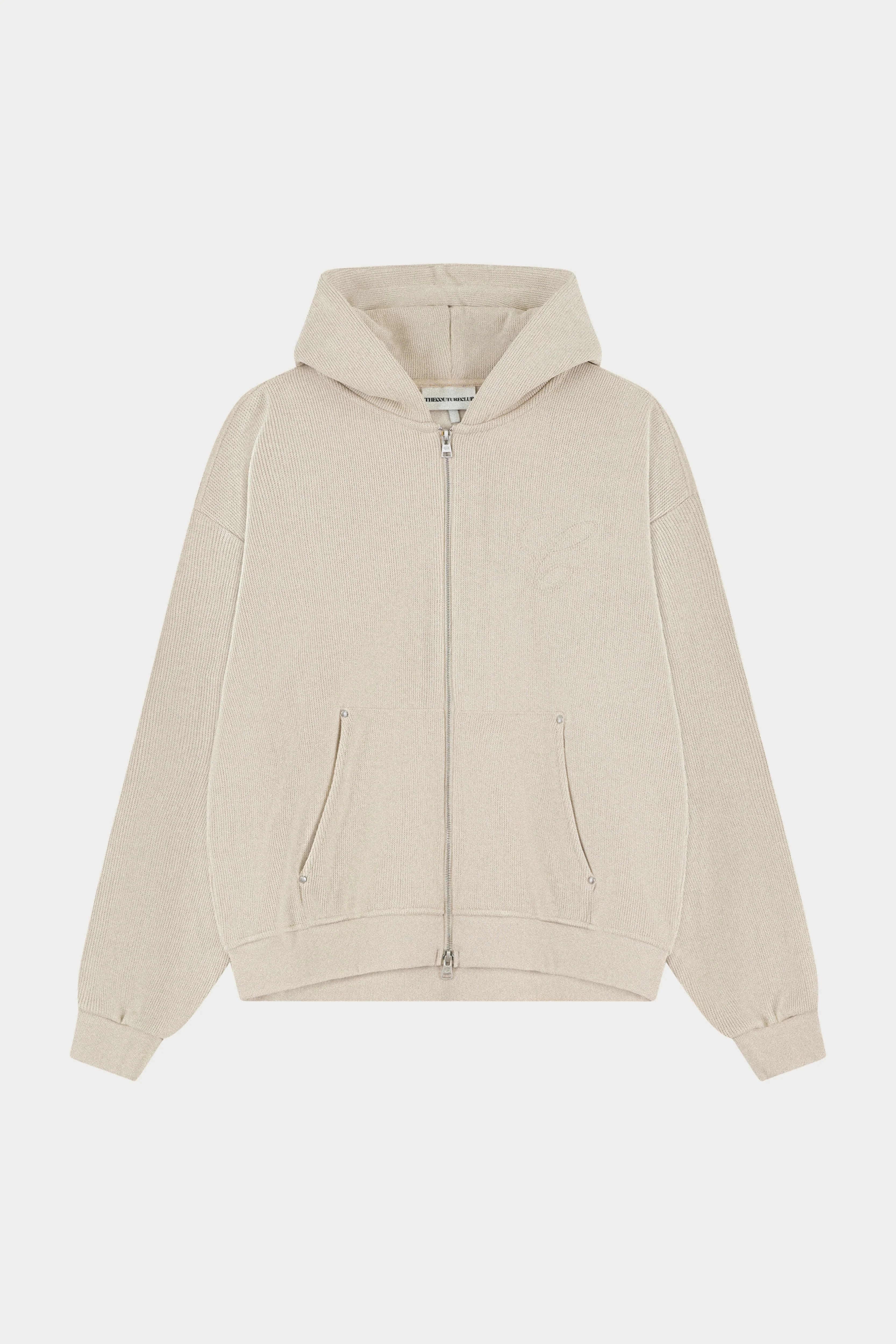 KNIT CONTRAST BINDING ZIP THROUGH HOODIE - BEIGE