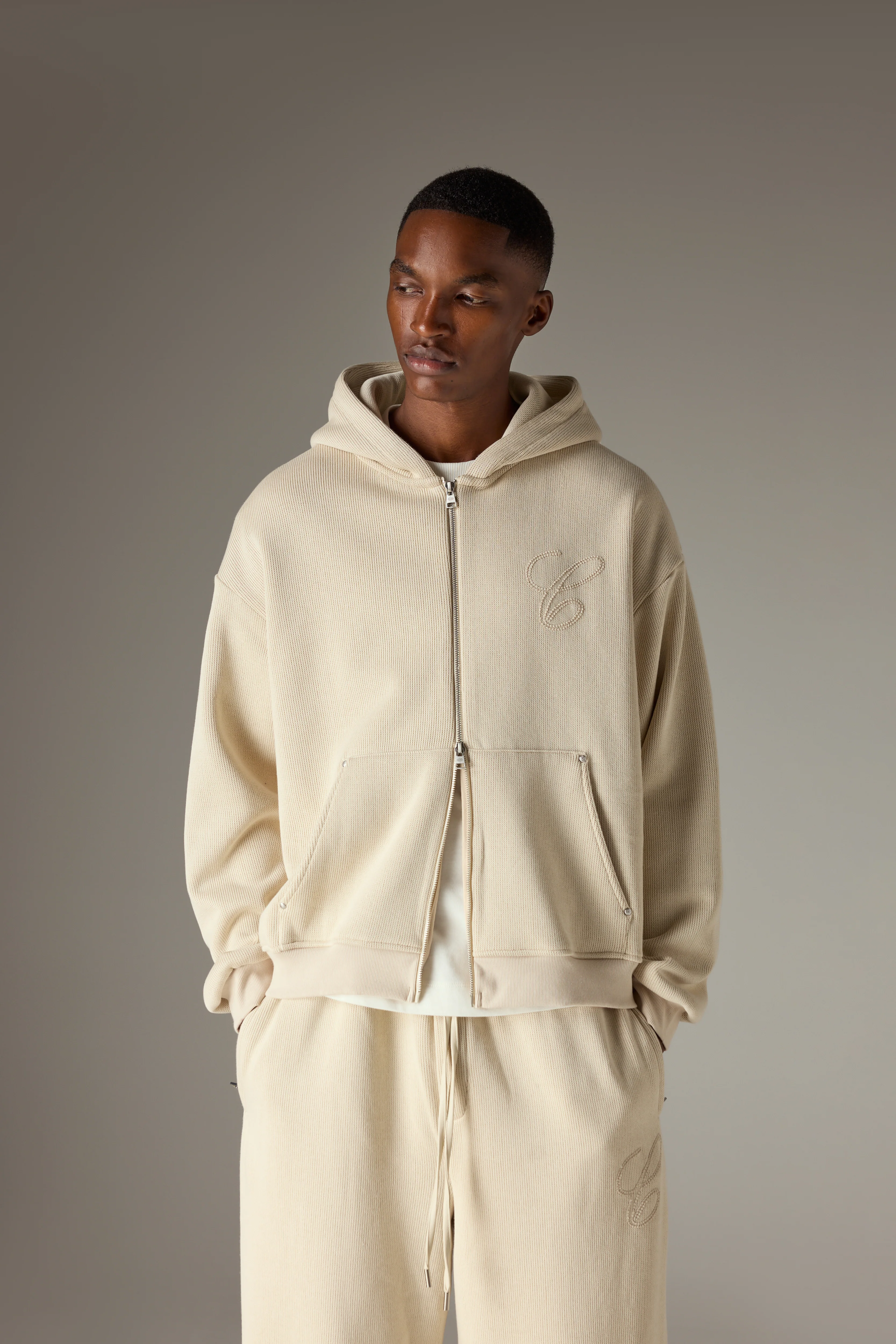 KNIT CONTRAST BINDING ZIP THROUGH HOODIE - BEIGE - Image 2