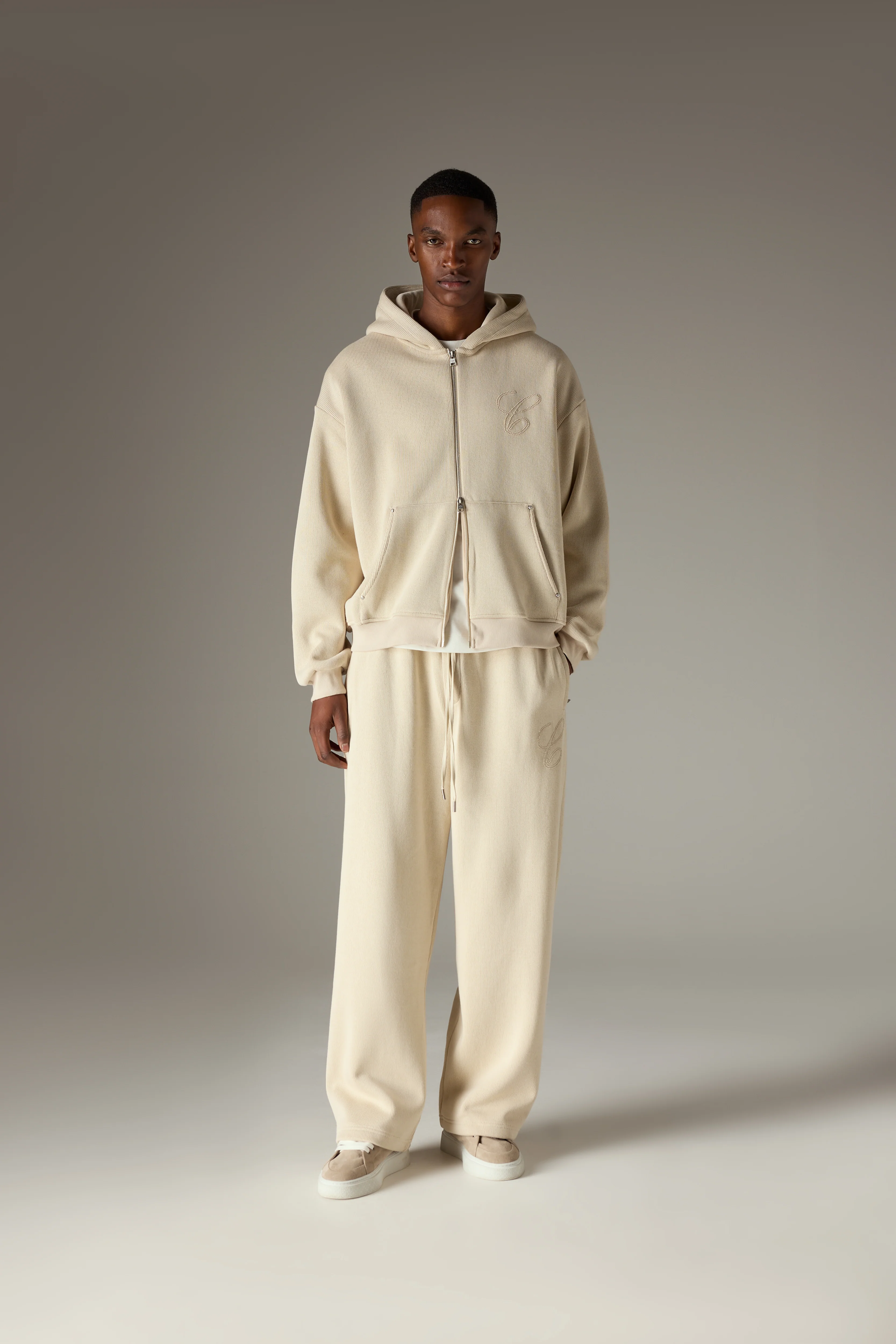 KNIT CONTRAST BINDING ZIP THROUGH HOODIE - BEIGE - Image 3