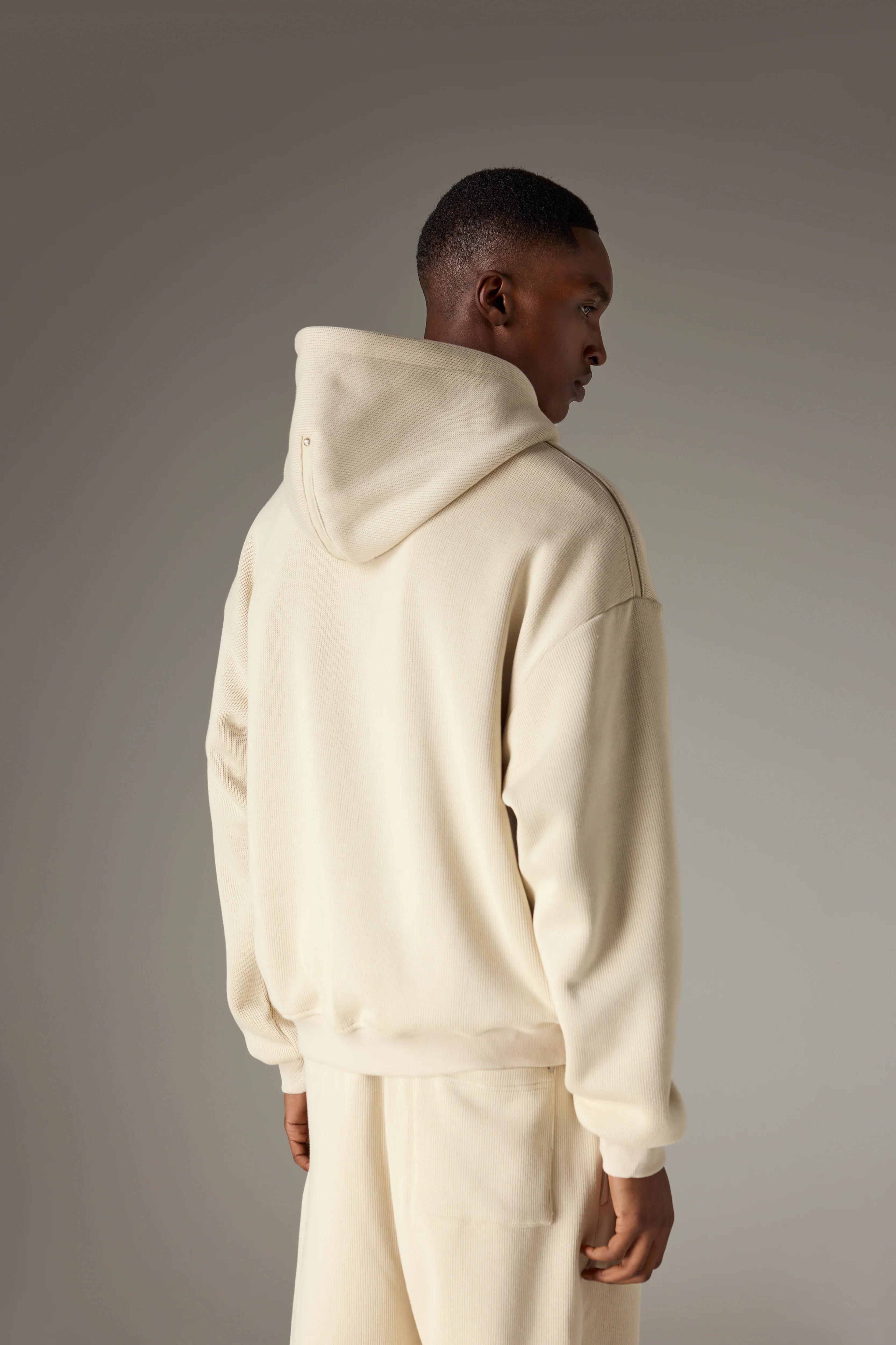 KNIT CONTRAST BINDING ZIP THROUGH HOODIE - BEIGE - Image 6