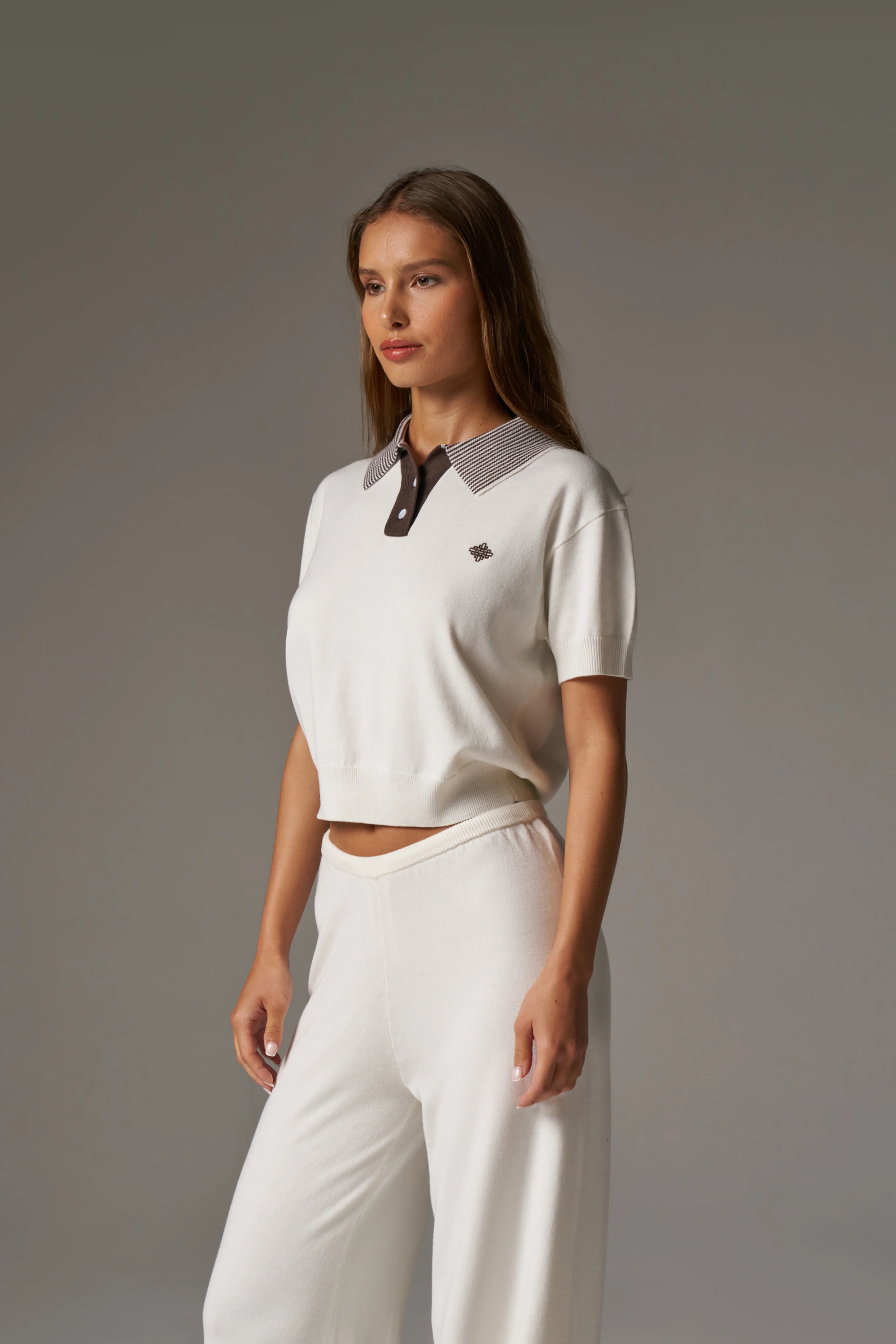 KNITTED COLLAR POLO TOP - CREAM - Image 4