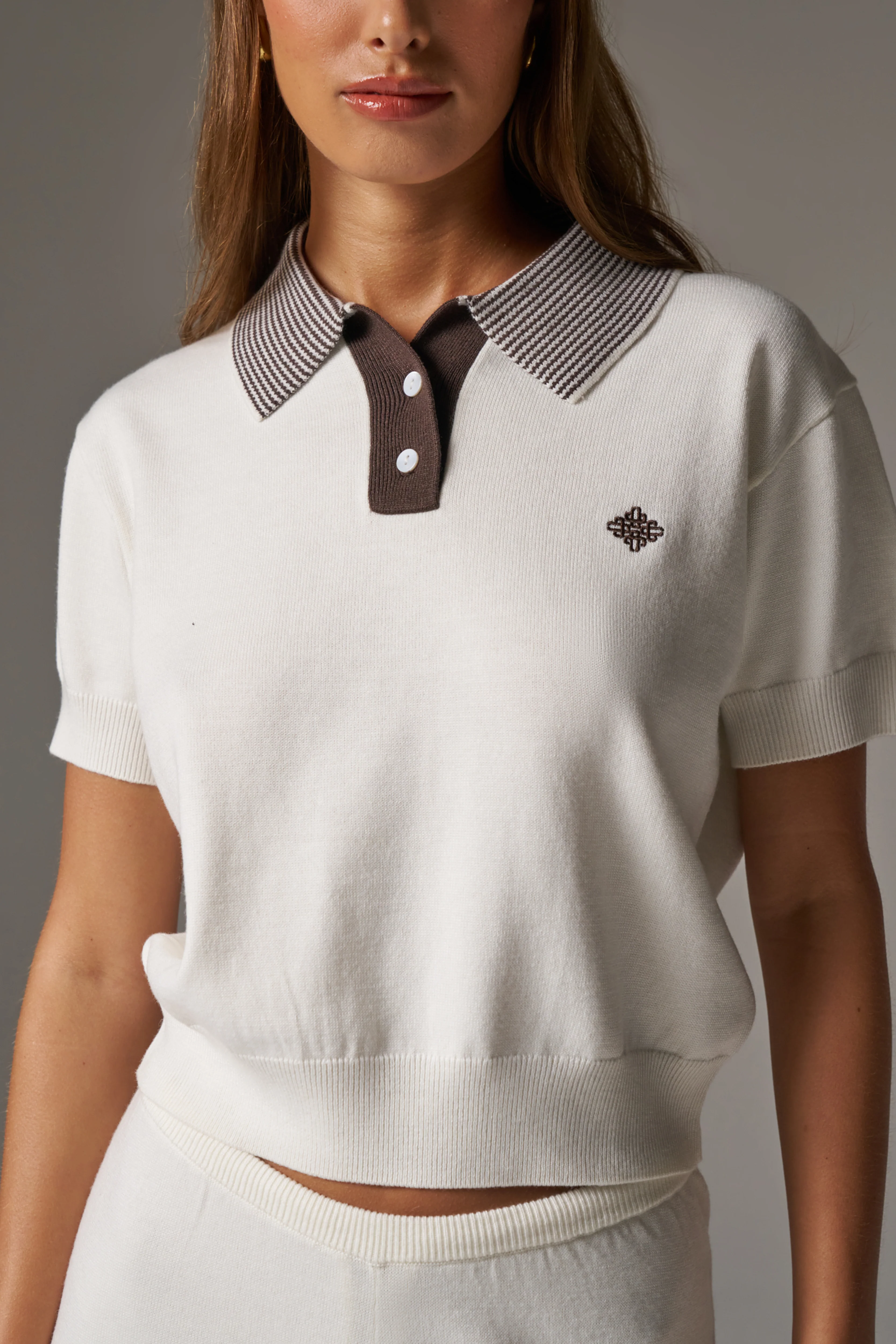 KNITTED COLLAR POLO TOP - CREAM - Image 5