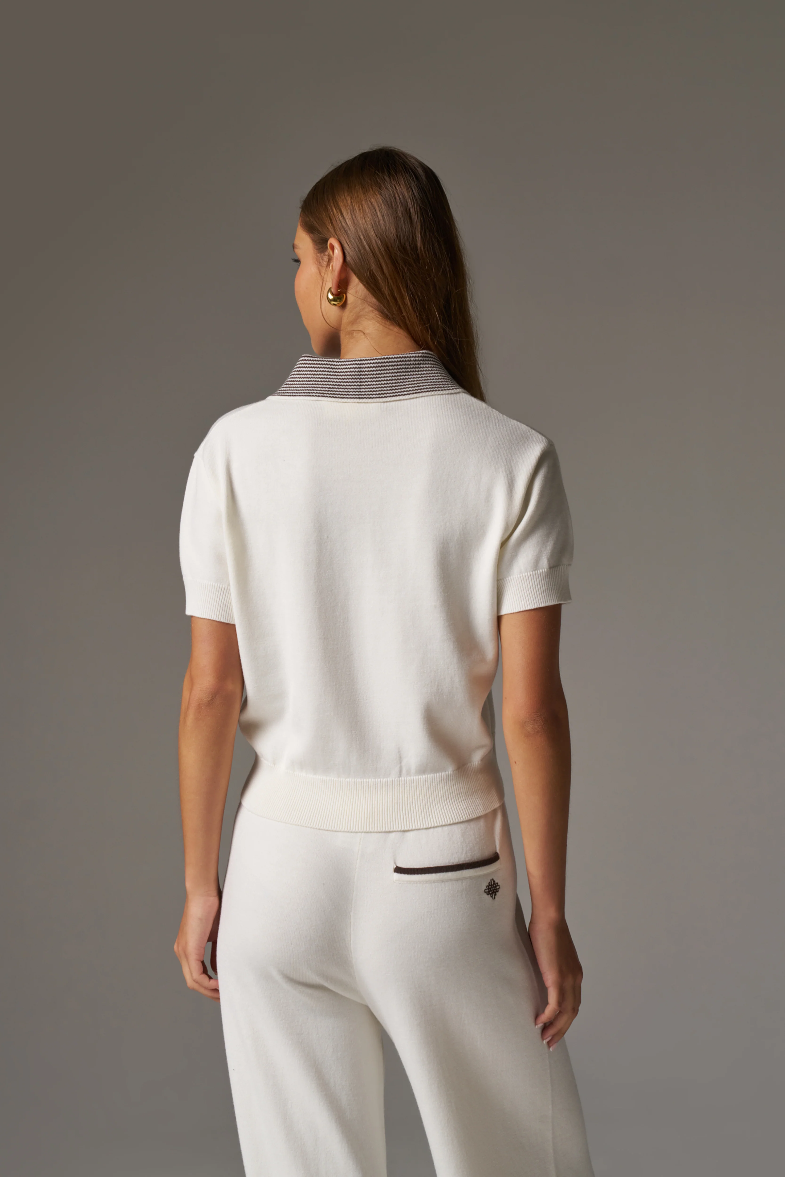 KNITTED COLLAR POLO TOP - CREAM - Image 6