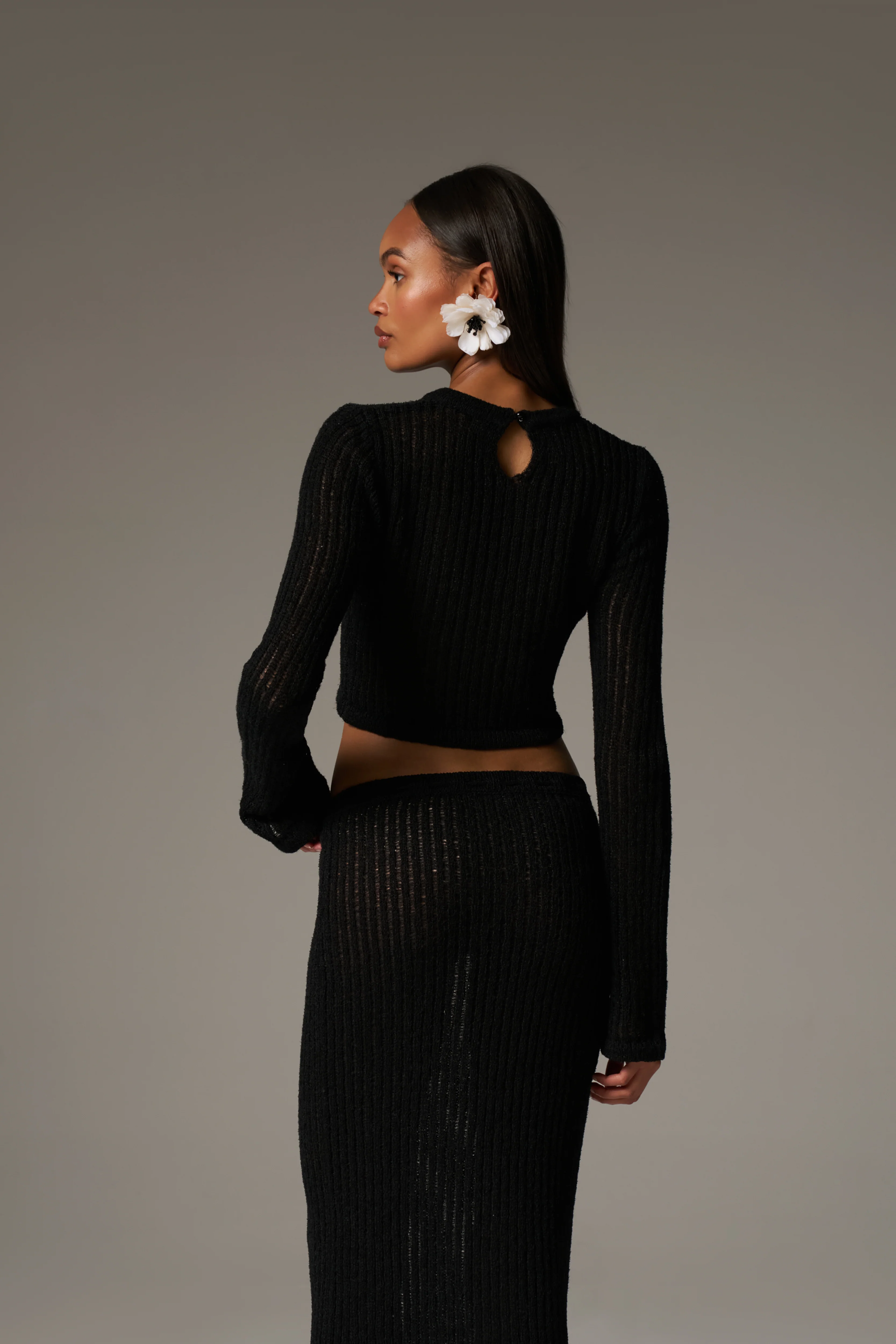 LADDER KNIT LONG SLEEVE TOP - BLACK - Image 9