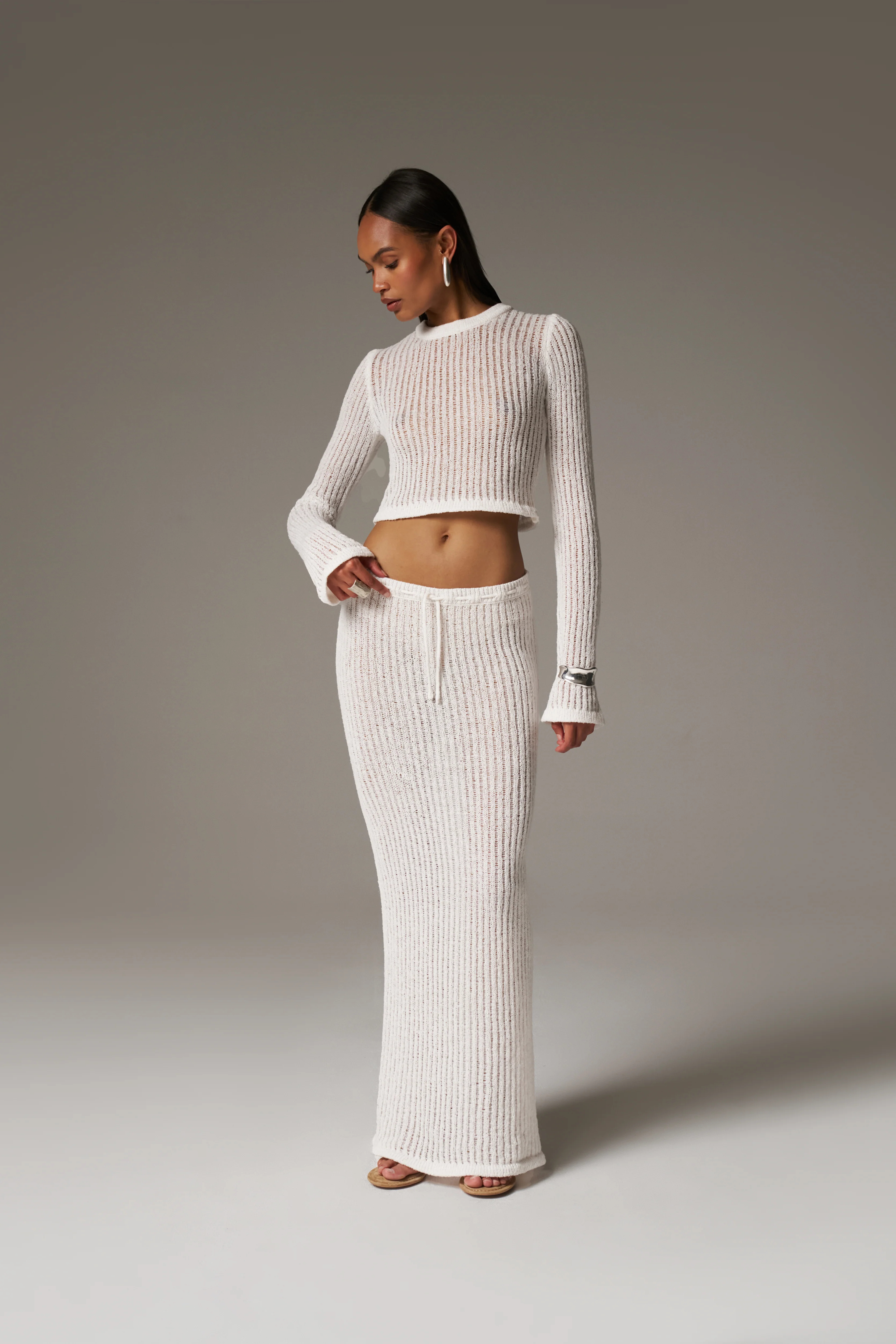 LADDER KNIT MAXI SKIRT - CREAM - Image 5