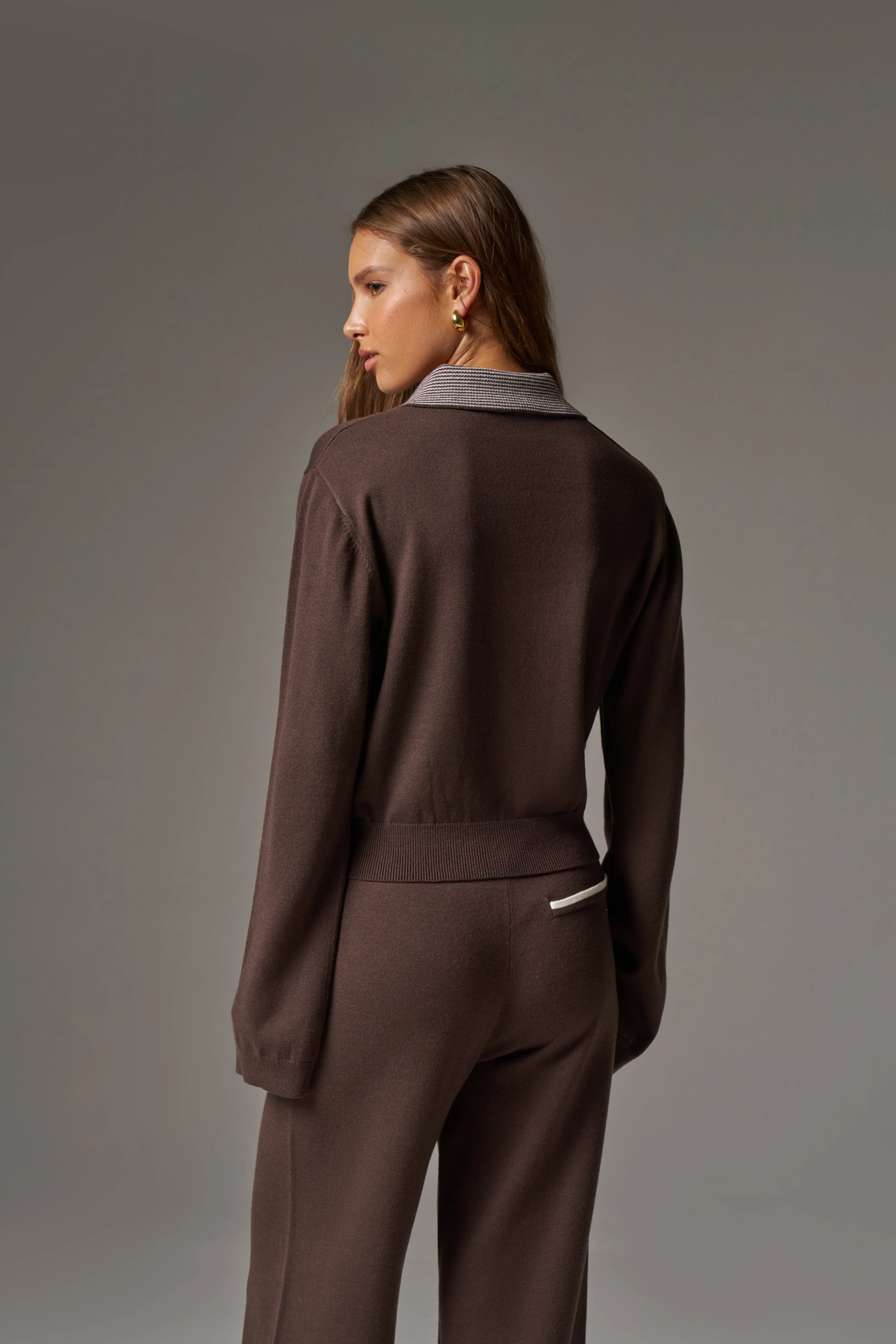 LONG SLEEVE KNITTED COLLAR POLO TOP - BROWN - Image 6