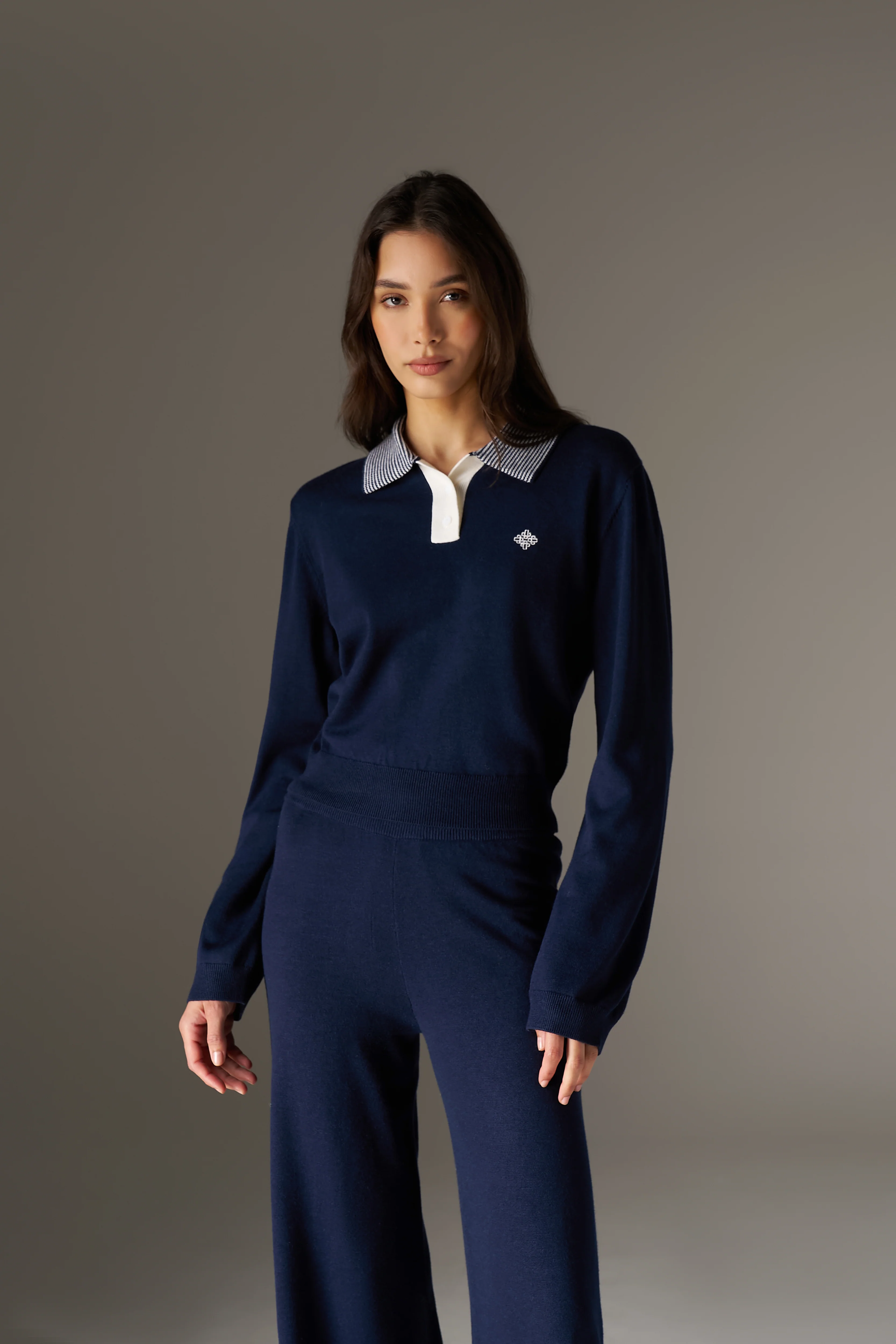 LONG SLEEVE KNITTED COLLAR POLO TOP - NAVY - Image 2
