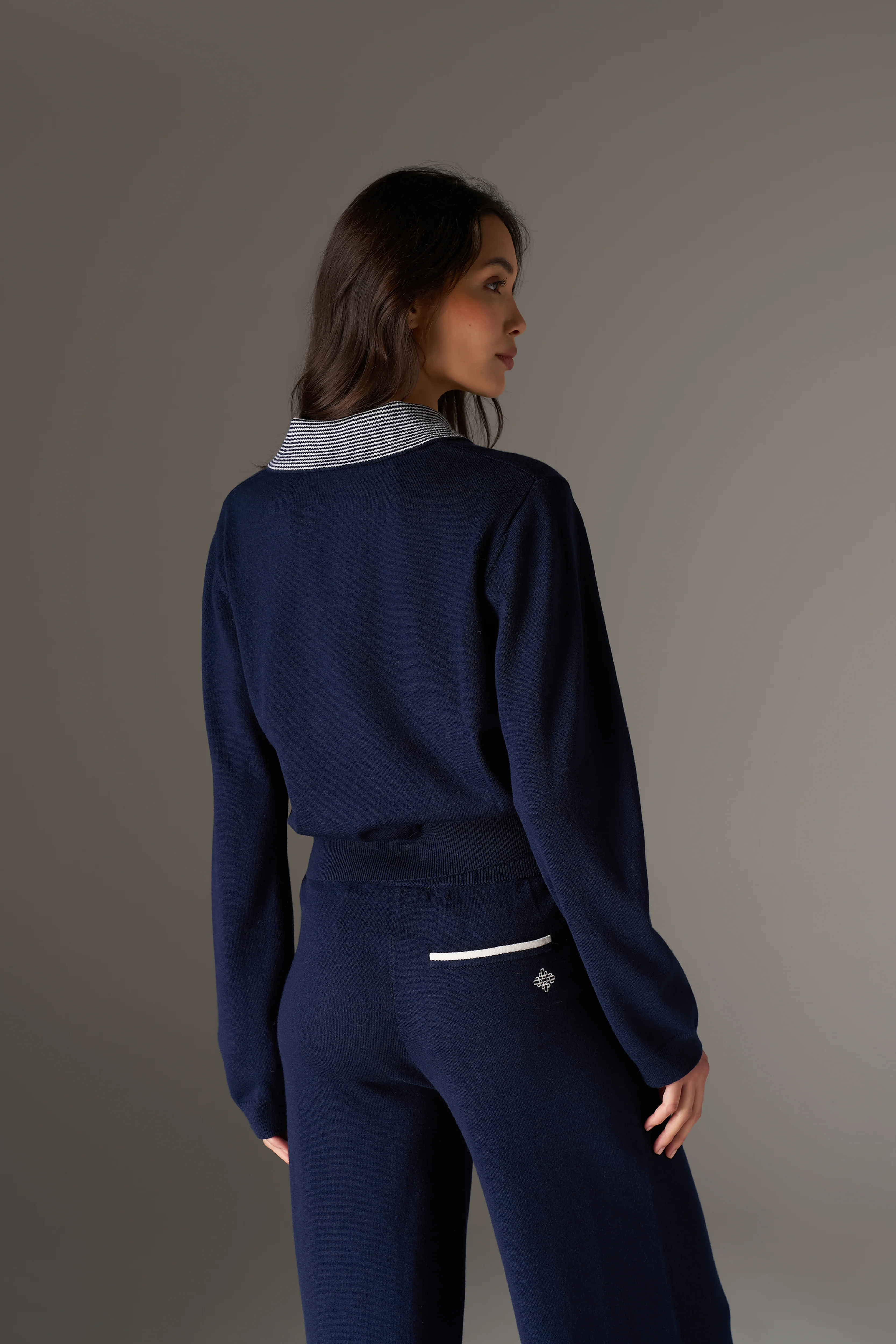 LONG SLEEVE KNITTED COLLAR POLO TOP - NAVY - Image 4