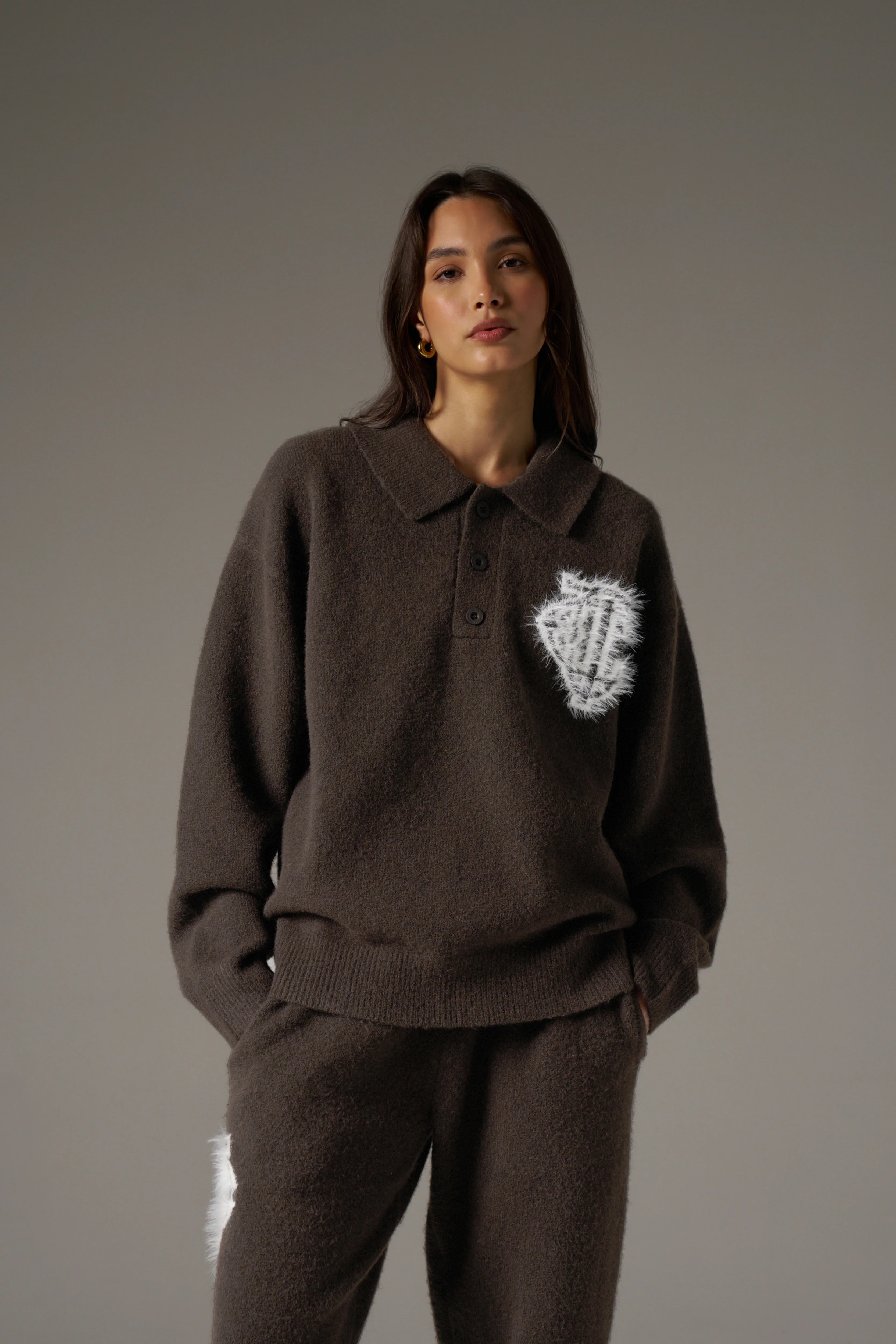 MONOGRAM FLUFFY KNIT POLO - BROWN - Image 3
