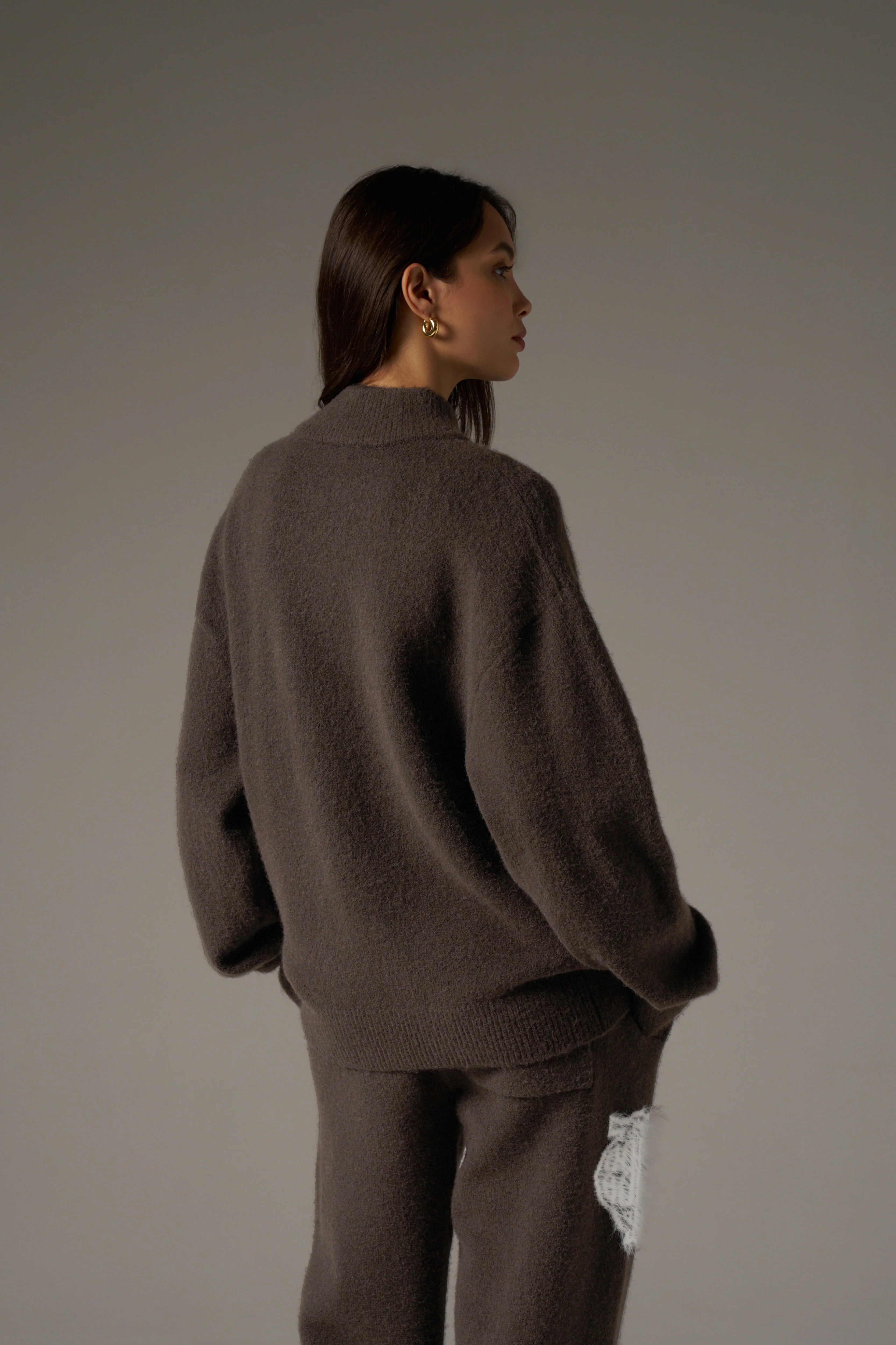 MONOGRAM FLUFFY KNIT ZIP THROUGH - BROWN - Image 7
