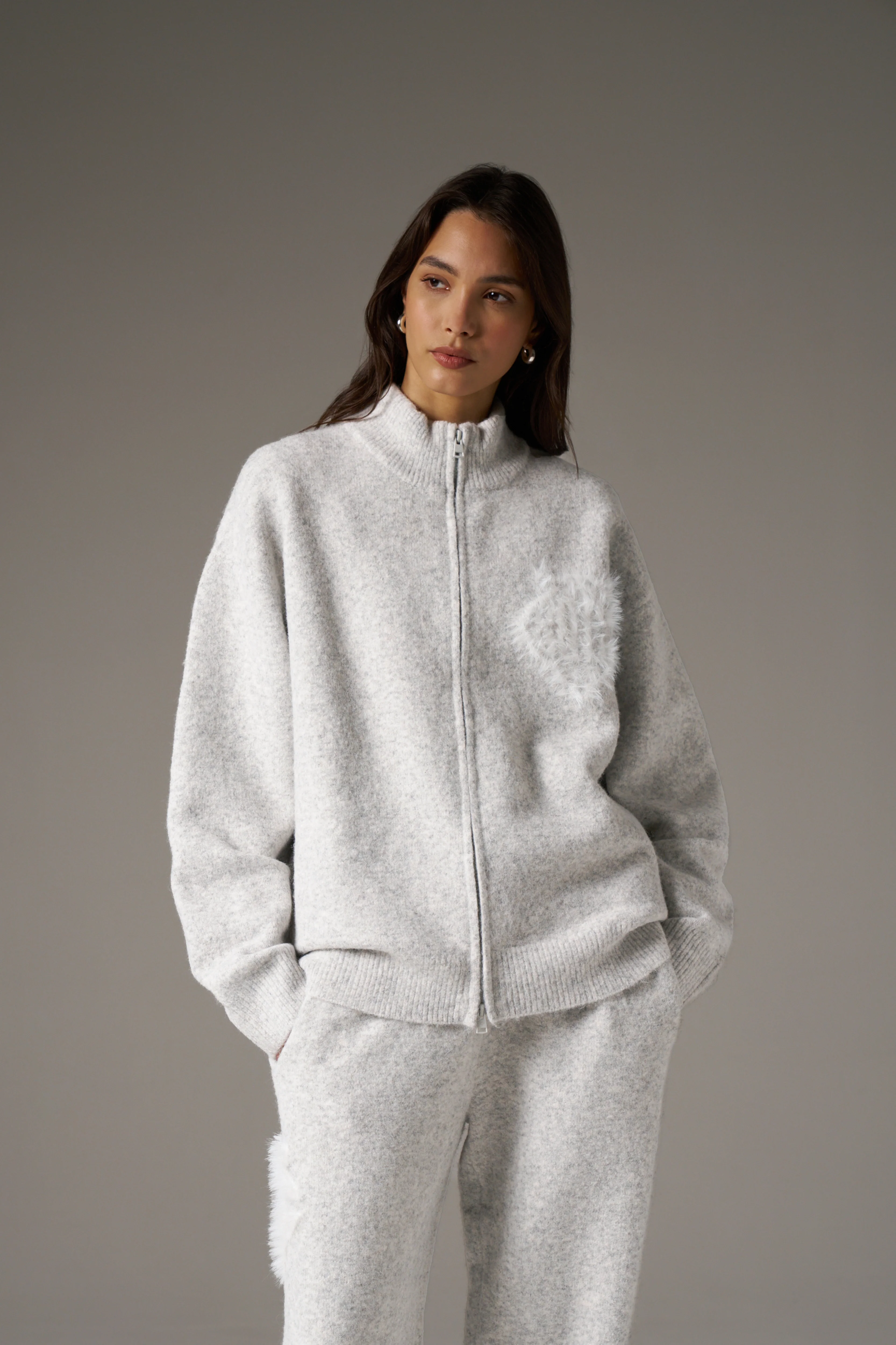 MONOGRAM FLUFFY KNIT ZIP THROUGH - GREY MARL - Image 3