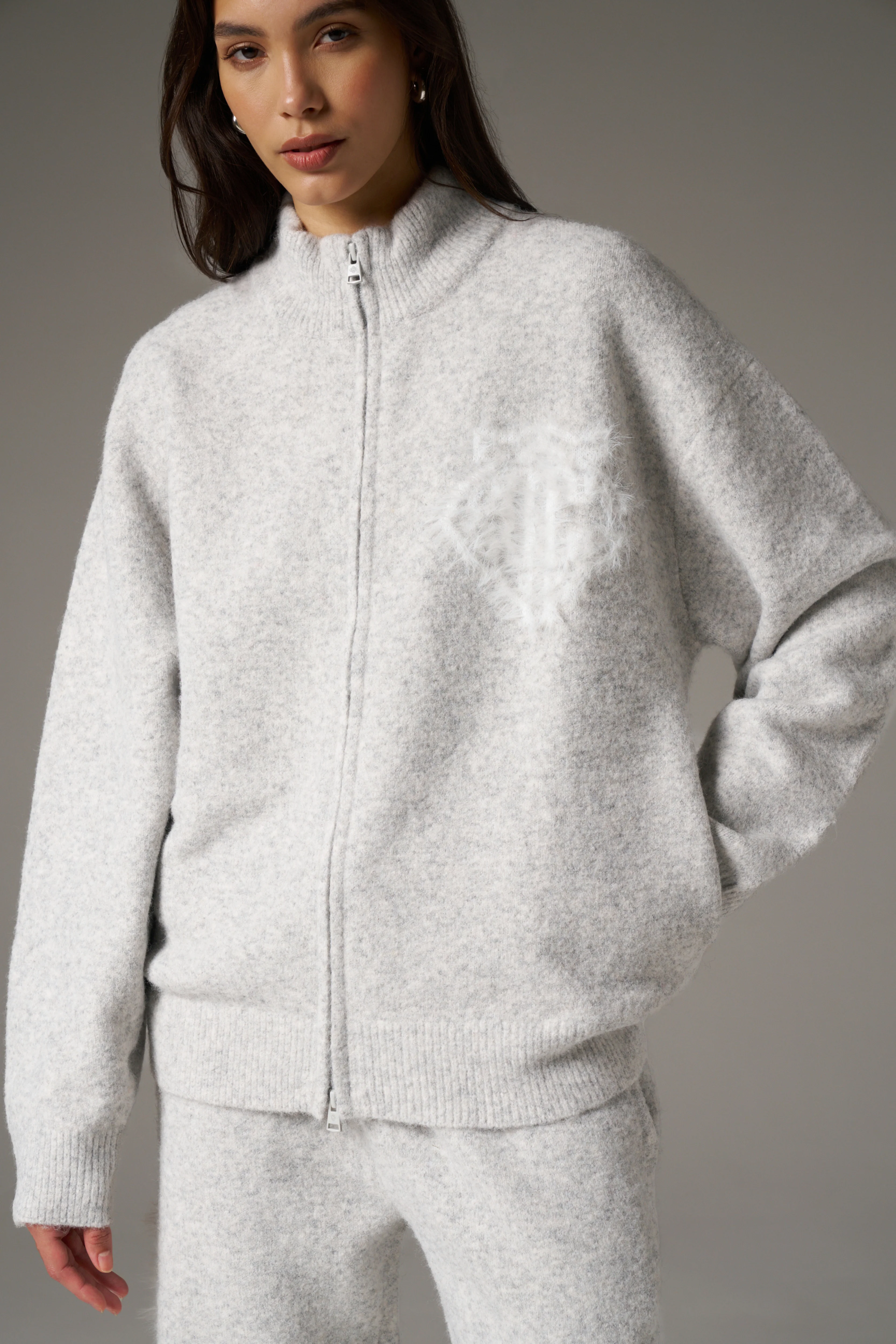 MONOGRAM FLUFFY KNIT ZIP THROUGH - GREY MARL - Image 5