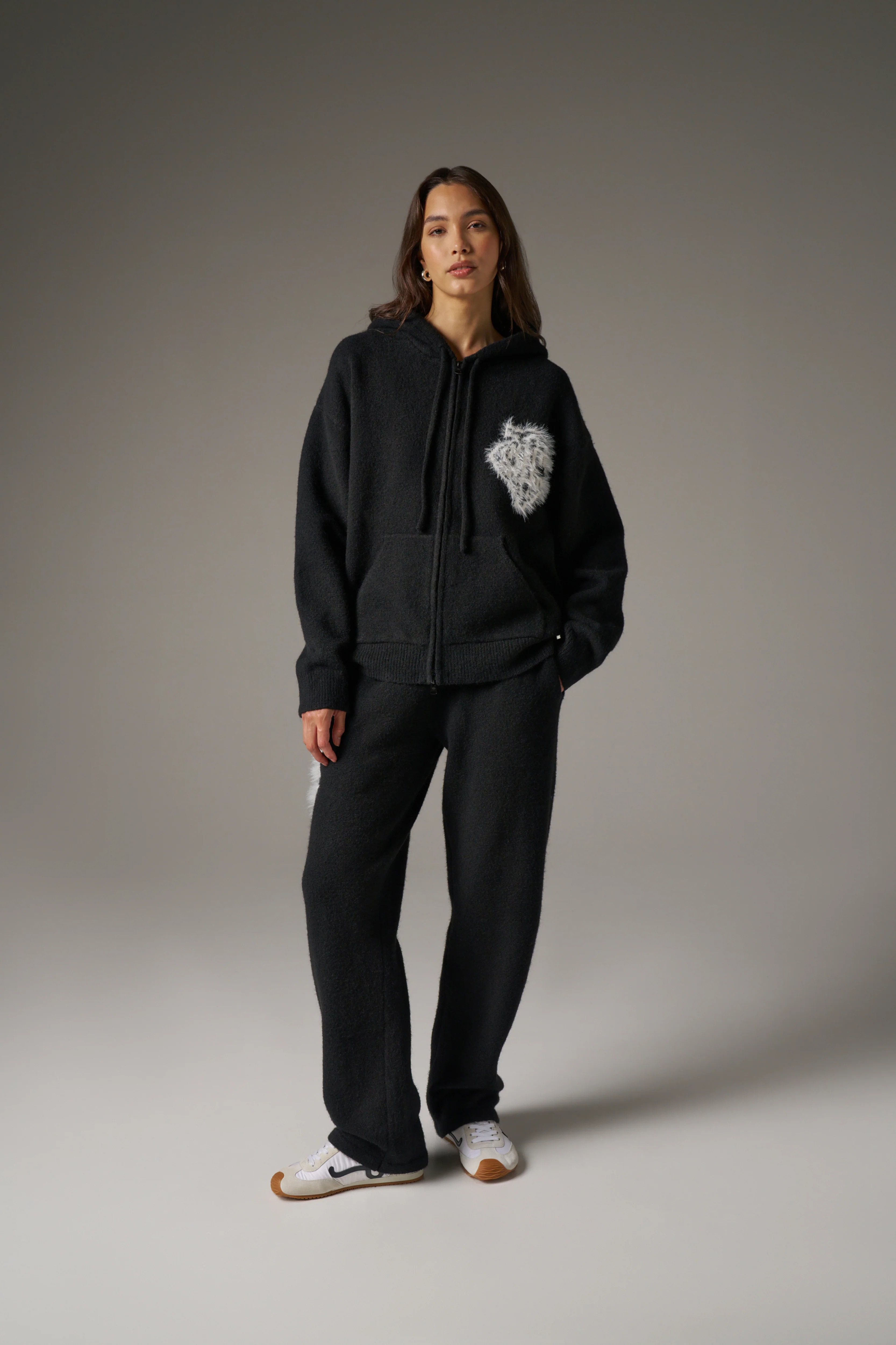 MONOGRAM FLUFFY KNIT ZIP THROUGH HOODIE - BLACK - Image 8
