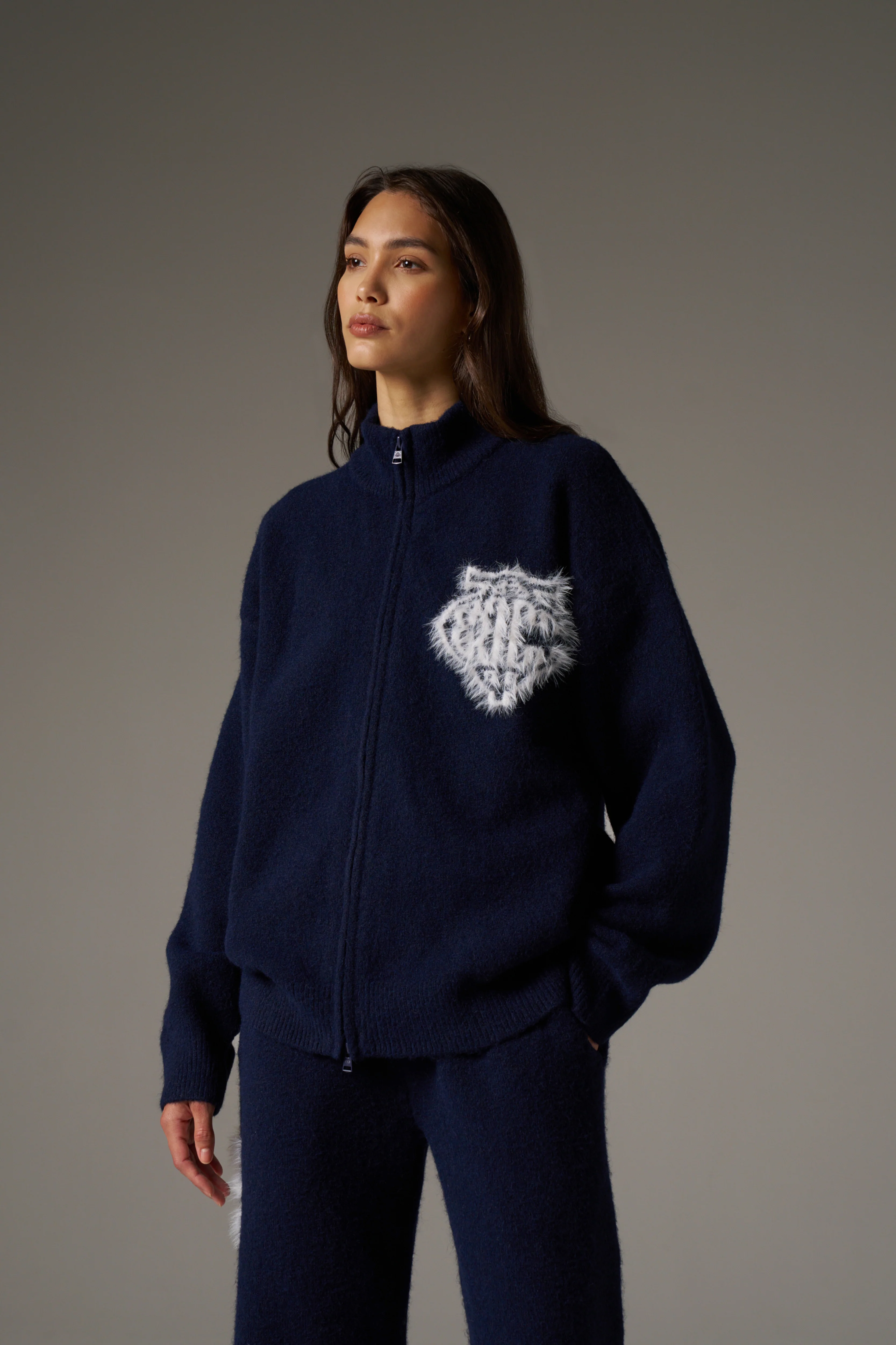 MONOGRAM FLUFFY KNIT ZIP THROUGH - NAVY - Image 3