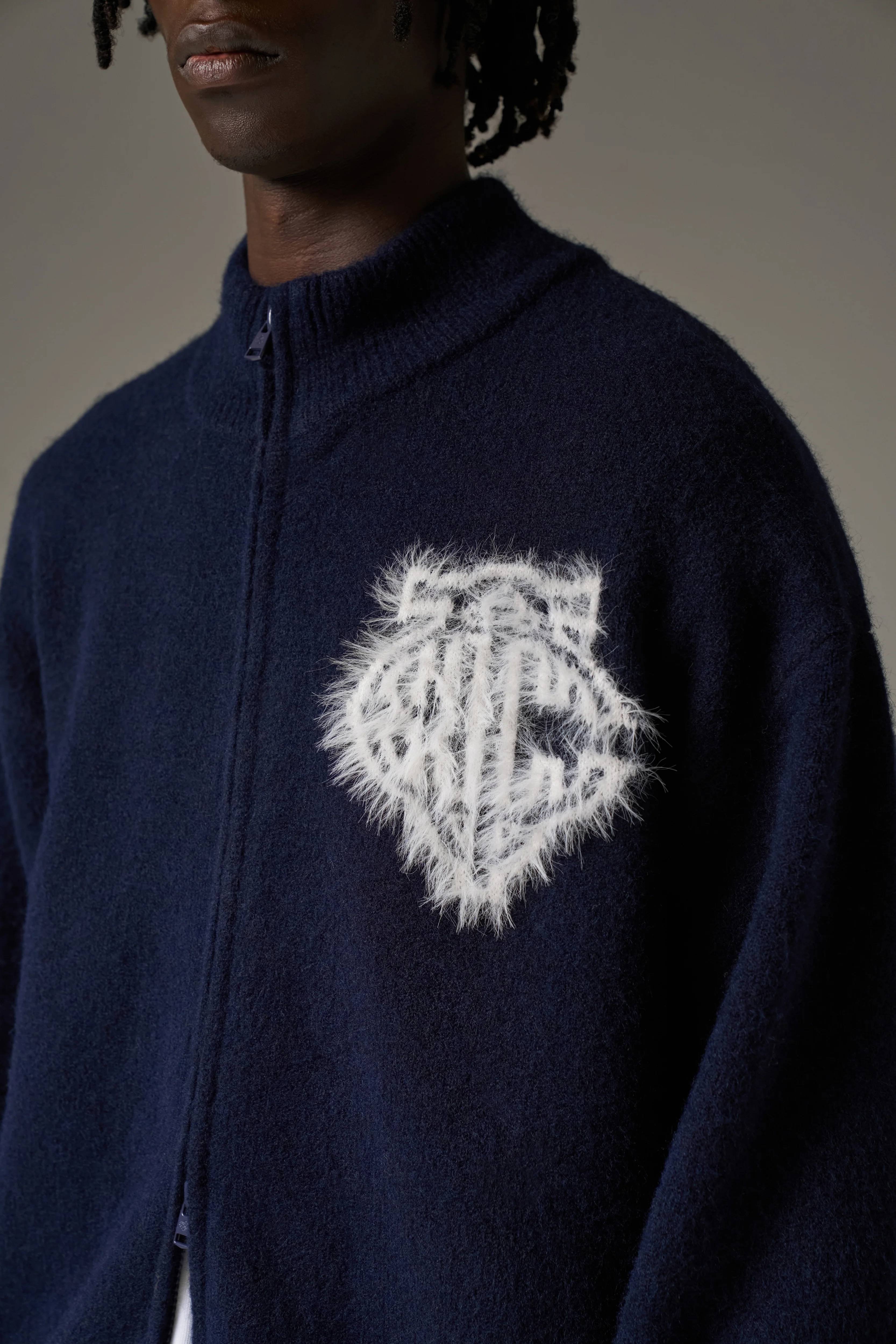 MONOGRAM FLUFFY KNIT ZIP THROUGH - NAVY - Image 6