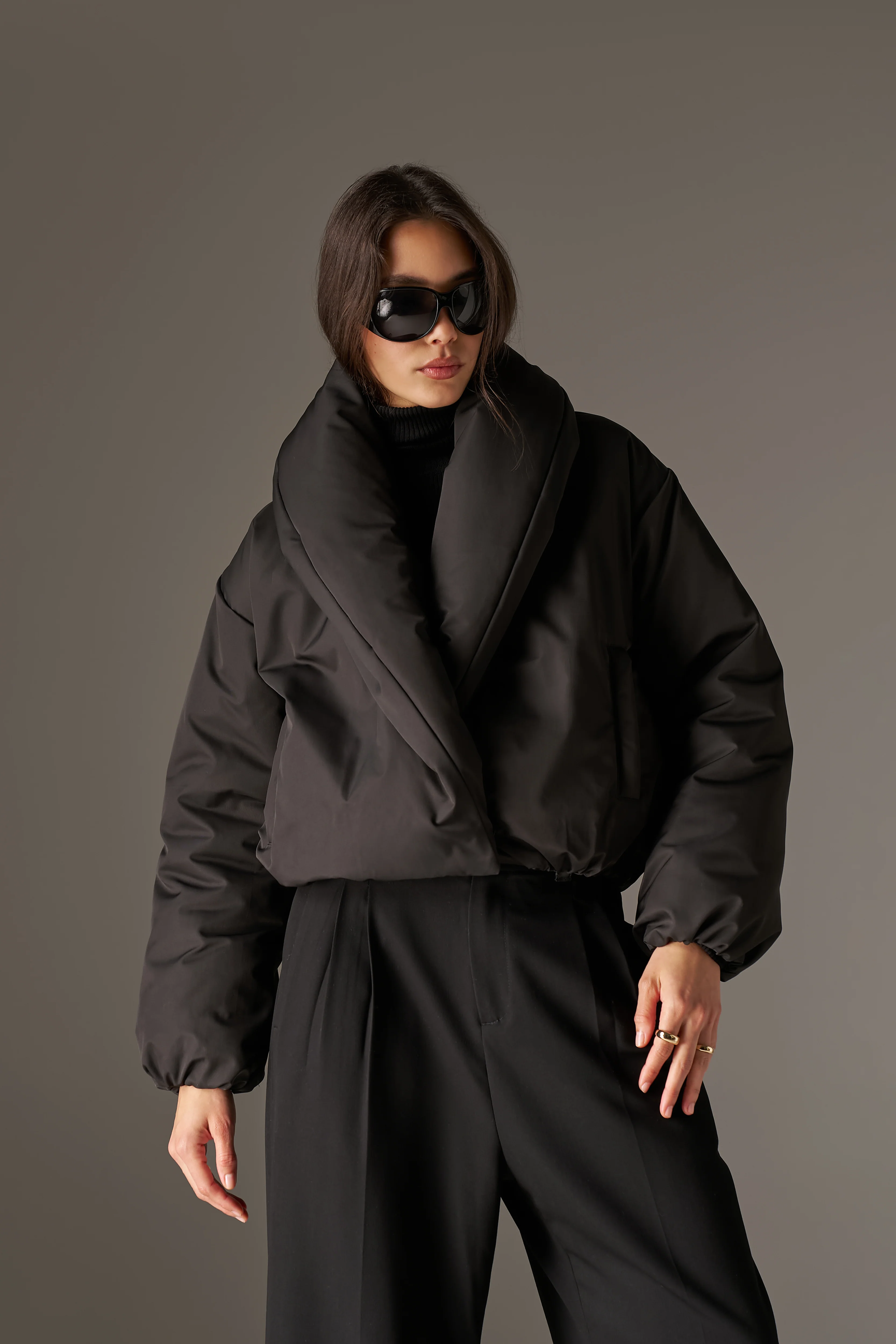 OVERSIZED COLLAR NYLON PUFFER COAT - BLACK - Image 4