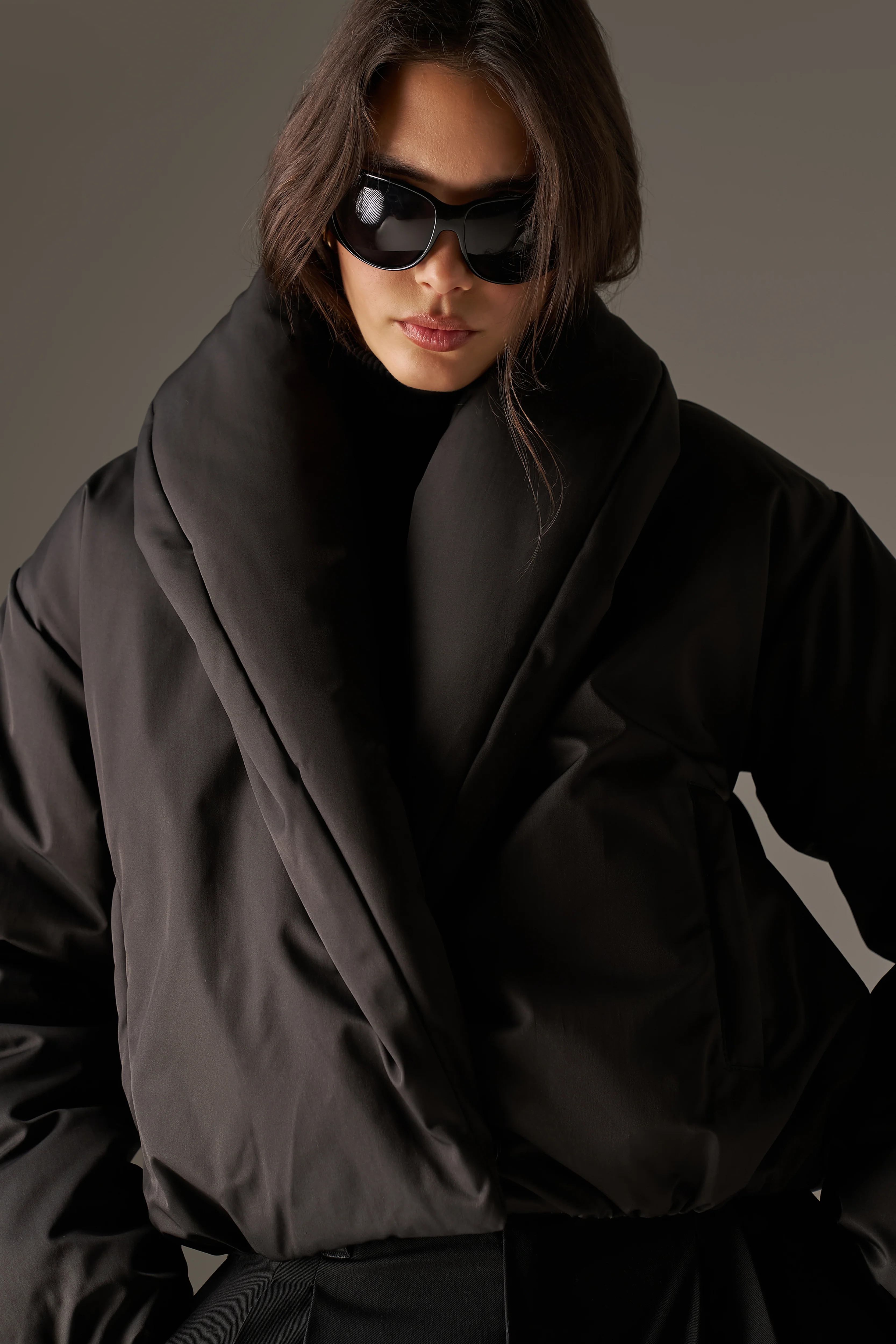 OVERSIZED COLLAR NYLON PUFFER COAT - BLACK - Image 5