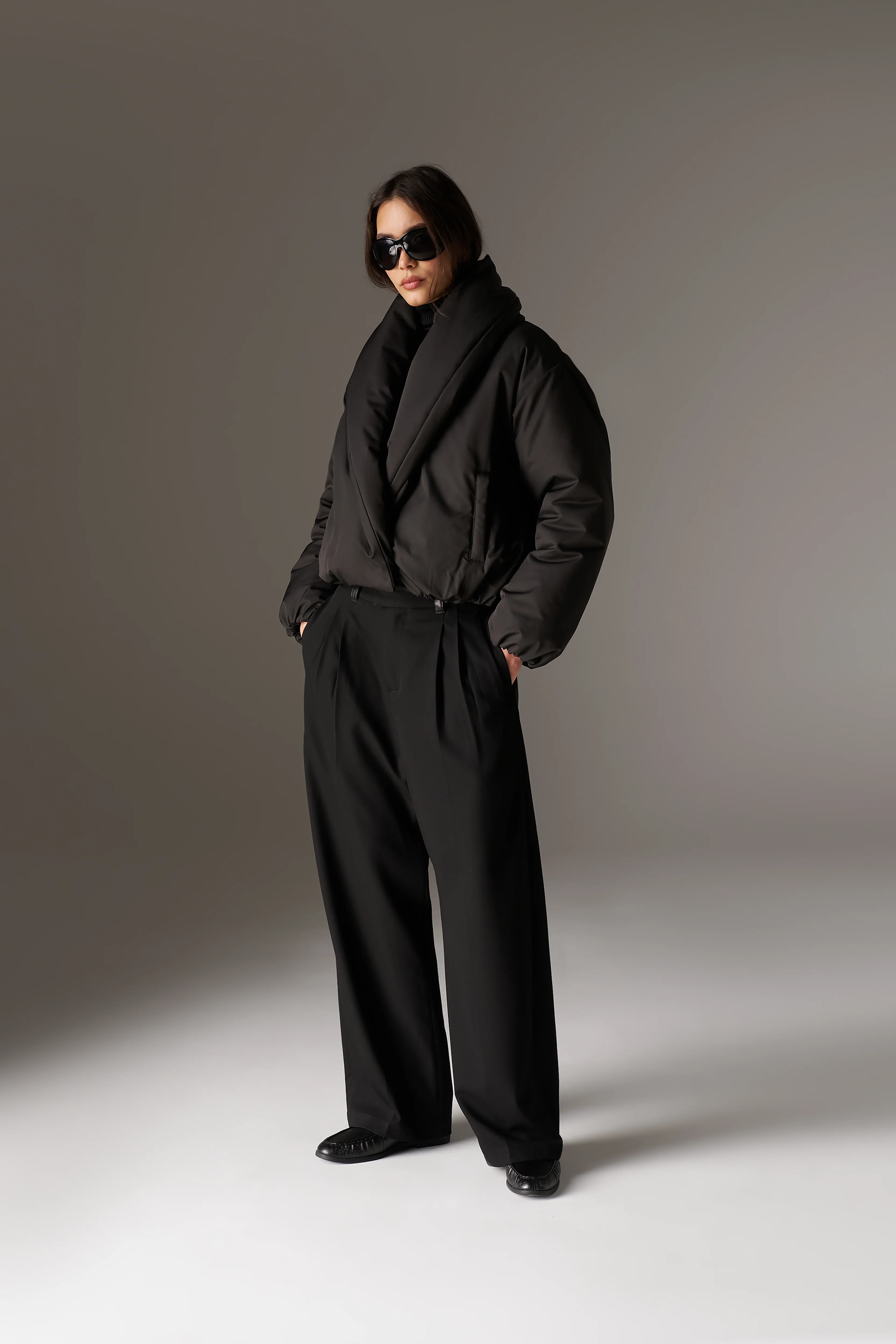OVERSIZED COLLAR NYLON PUFFER COAT - BLACK - Image 6
