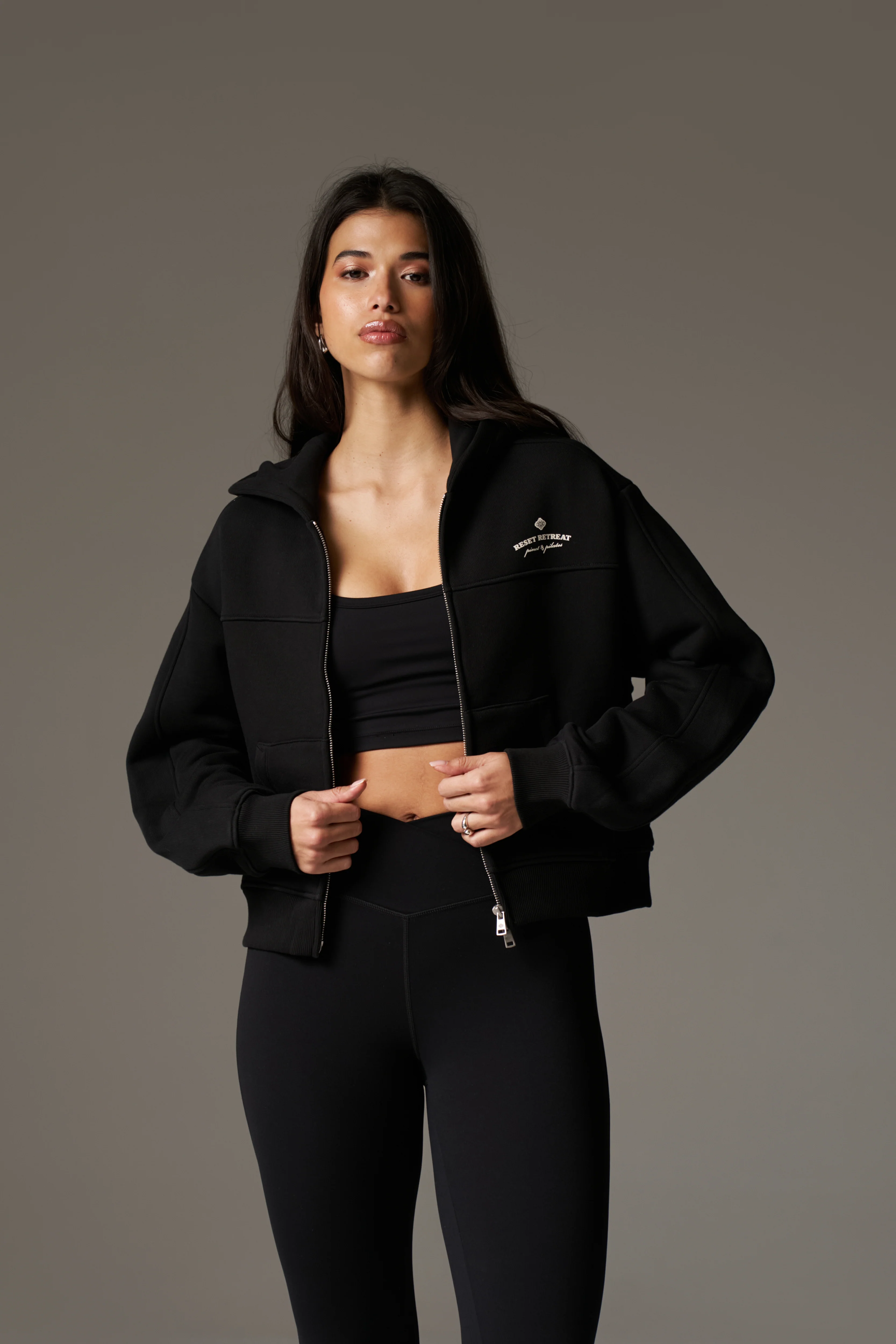 PILATES & PINOT ZIP THROUGH CROPPED HOODIE - BLACK - Image 2