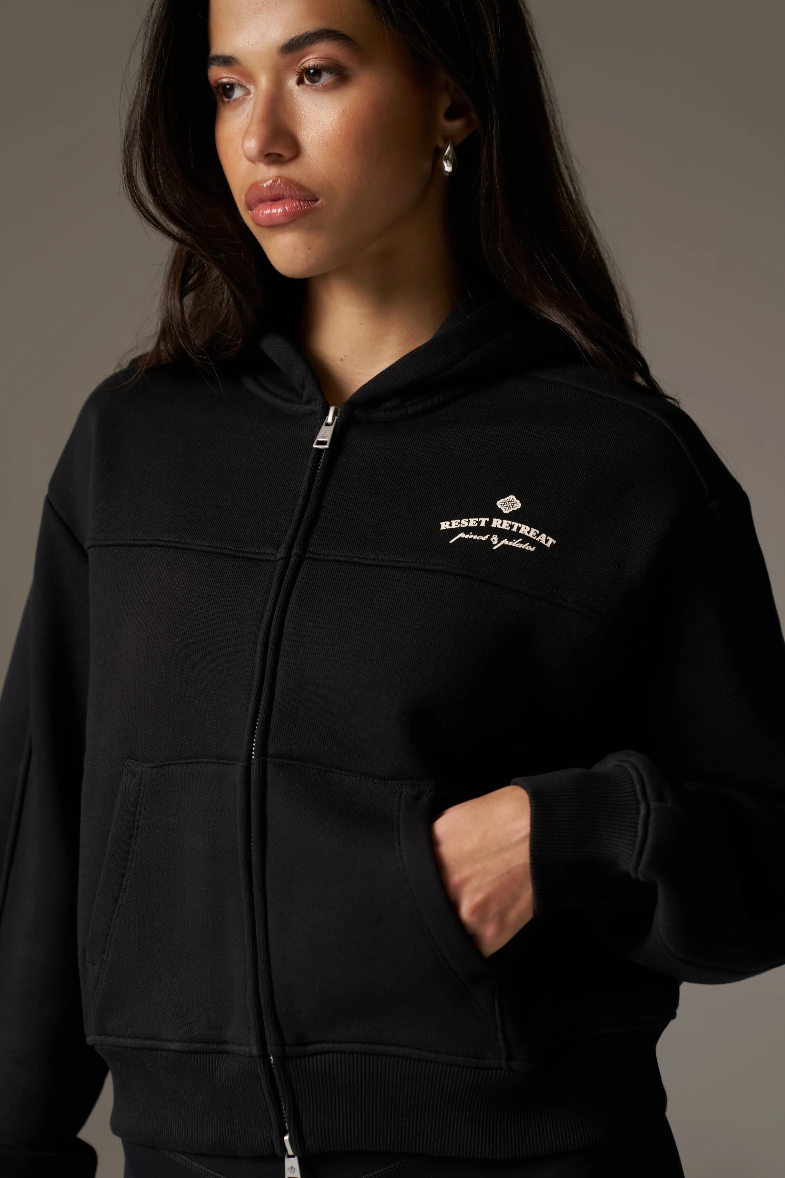 PILATES & PINOT ZIP THROUGH CROPPED HOODIE - BLACK - Image 4