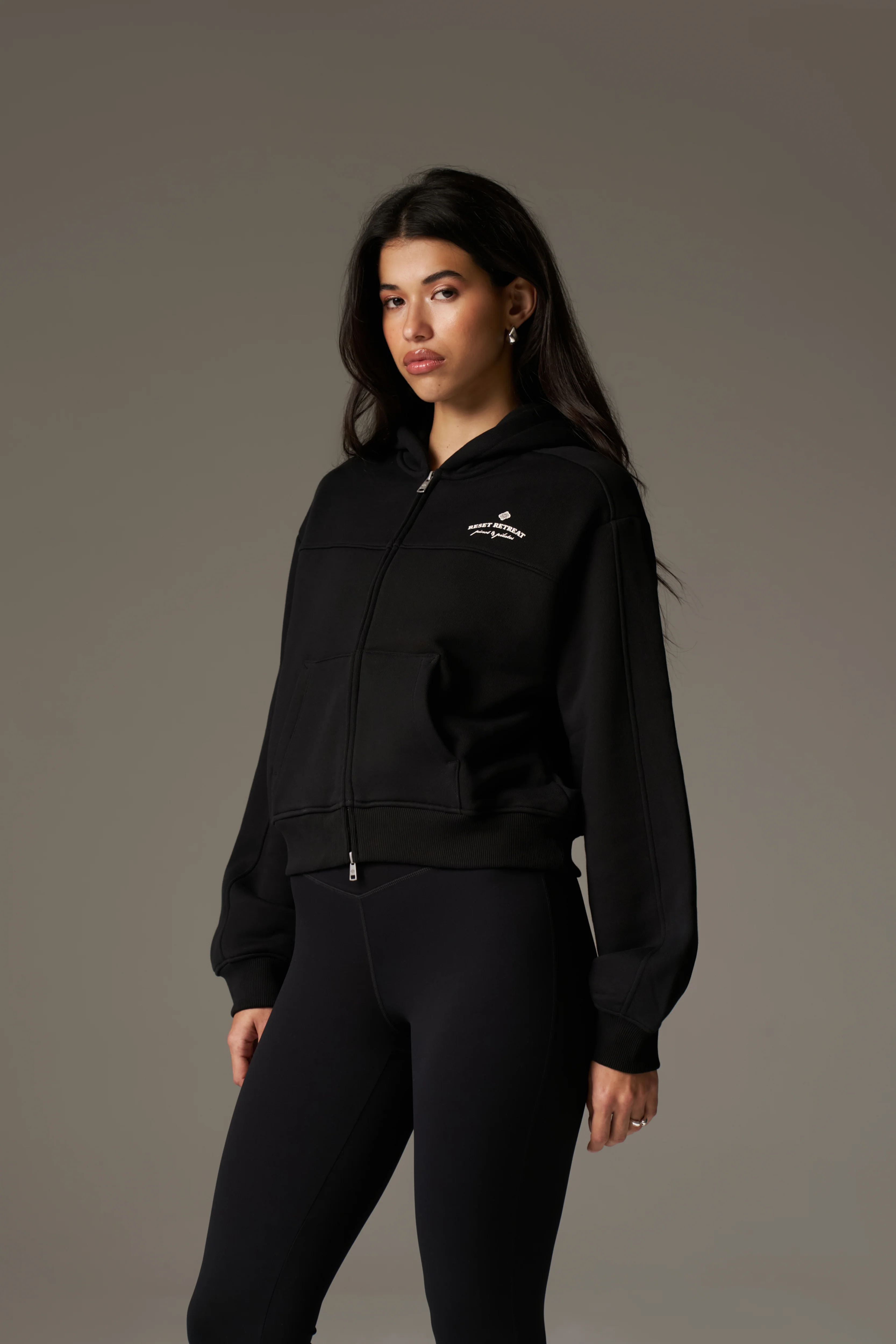 PILATES & PINOT ZIP THROUGH CROPPED HOODIE - BLACK - Image 5