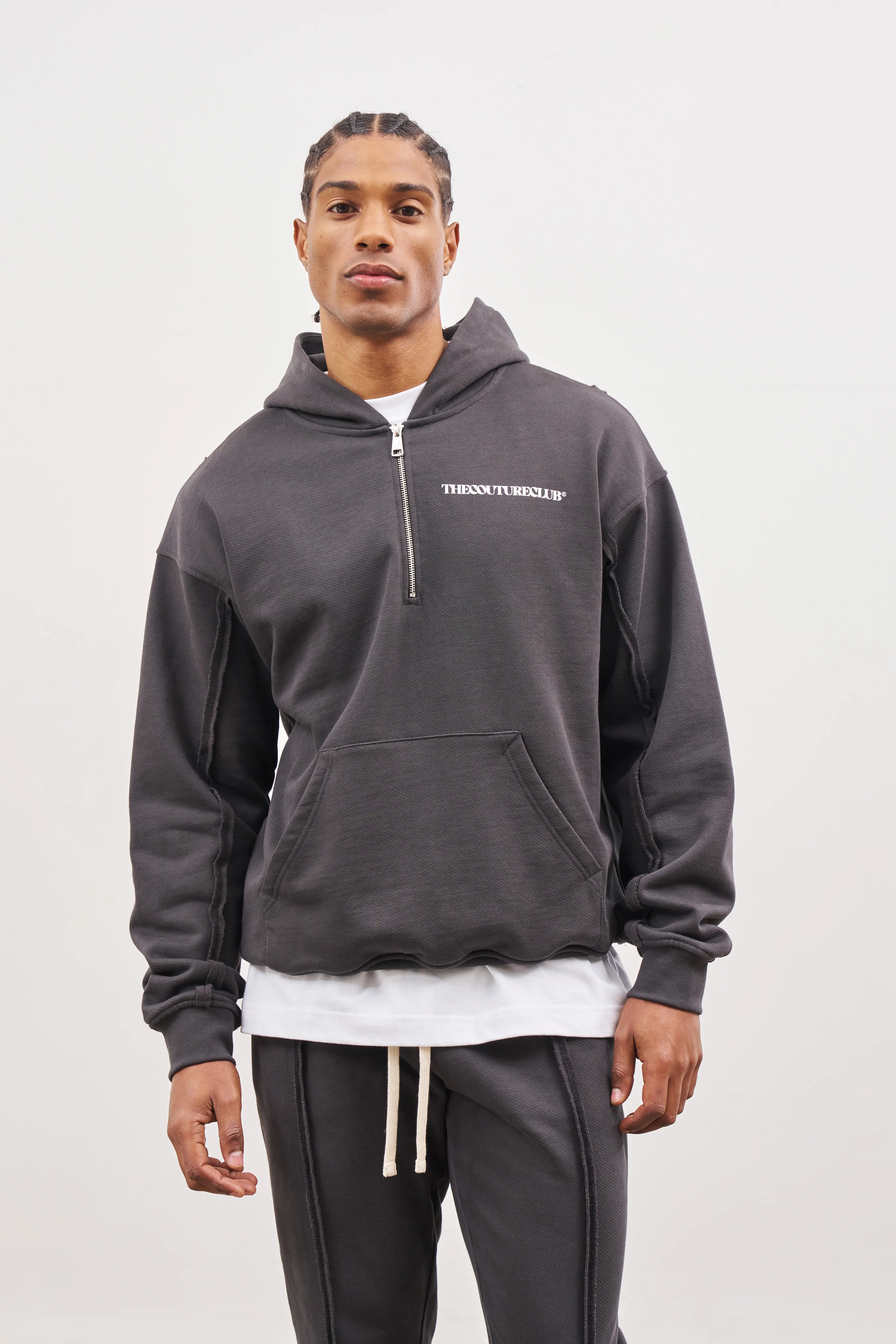 RAW SEAM QUARTER ZIP HOODIE - CHARCOAL - Image 3