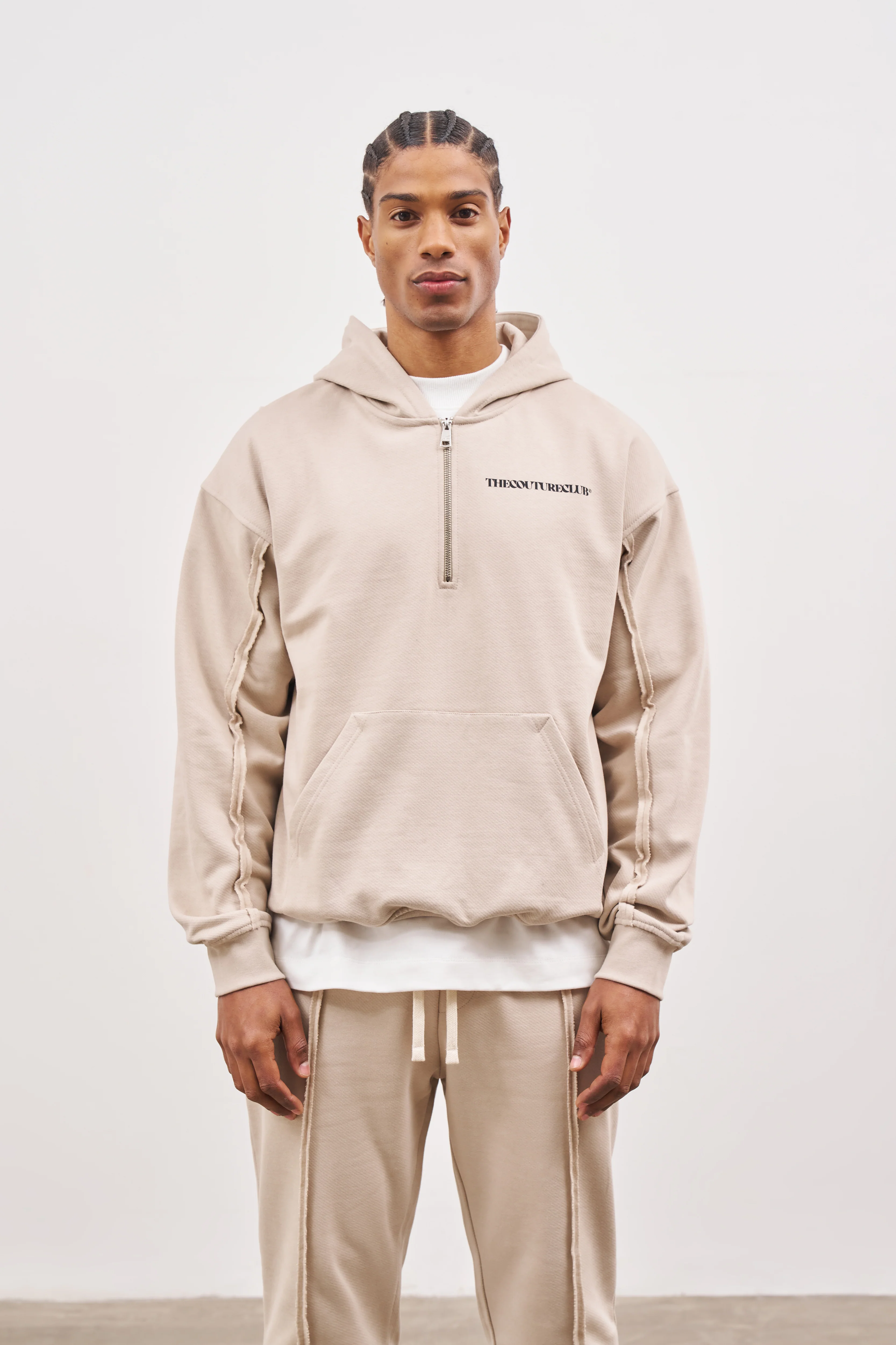 RAW SEAM QUARTER ZIP HOODIE - BEIGE - Image 3