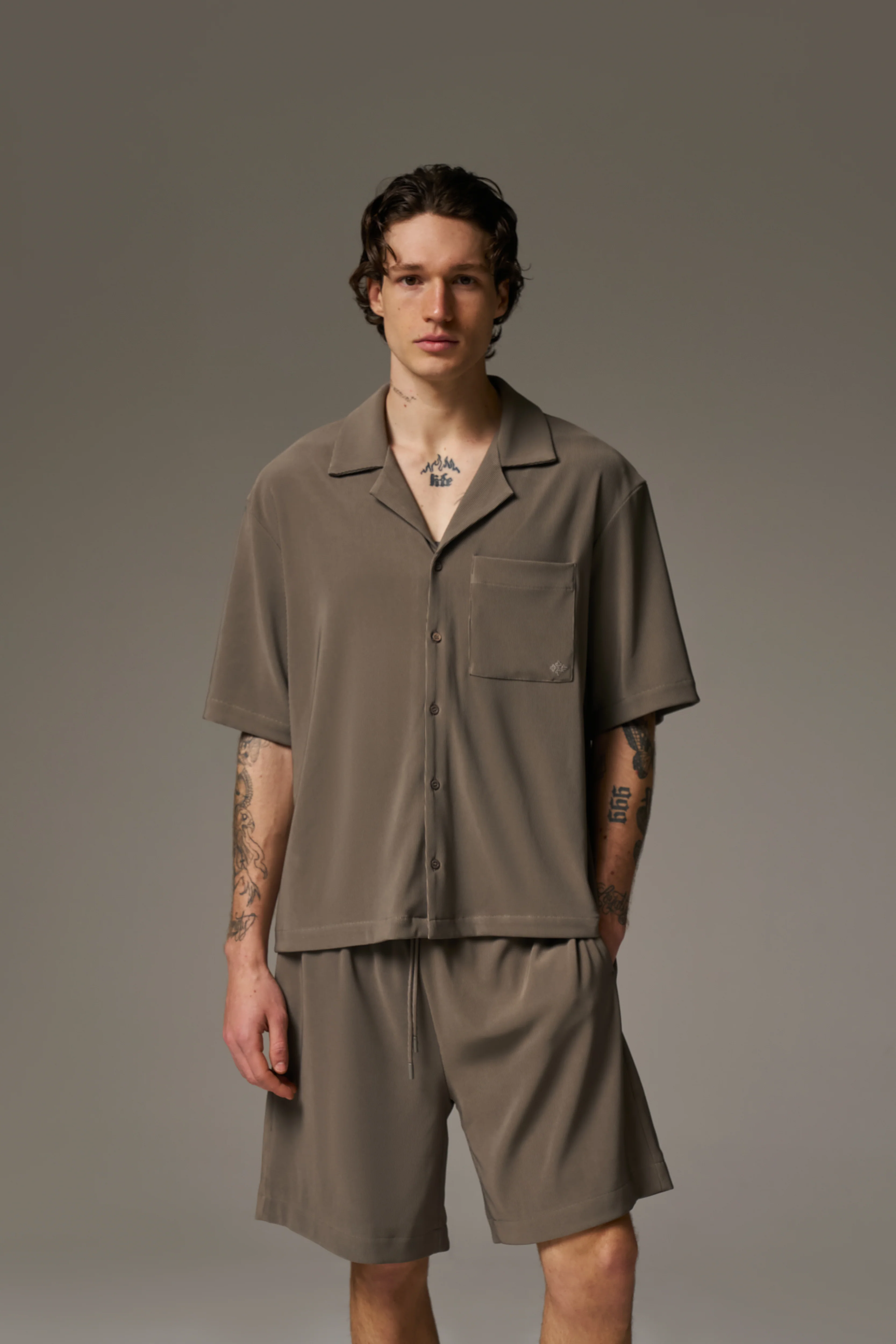 RIB BUTTON THROUGH SHIRT - MINK - Image 2