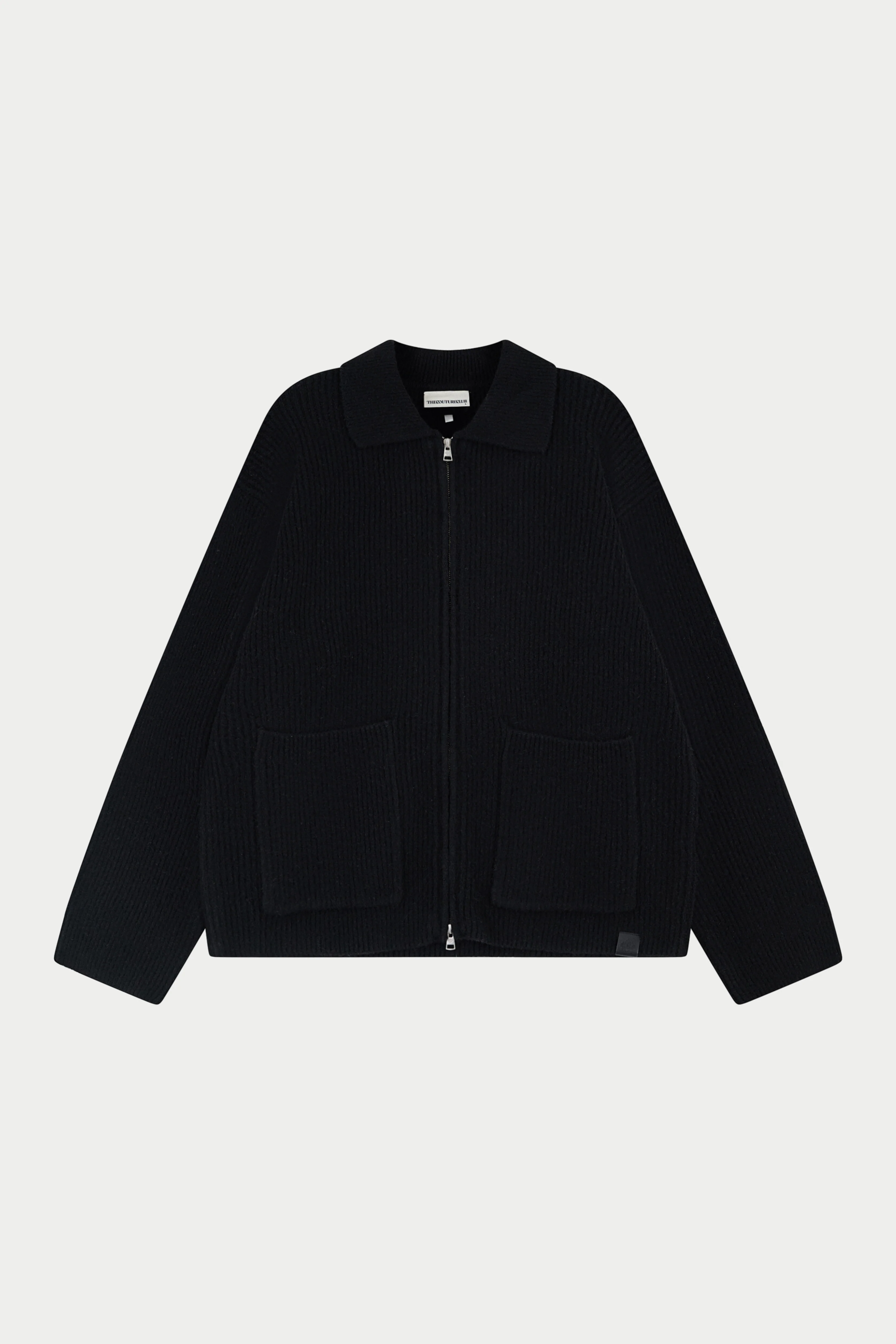 RIBBED KNITTED OVERSIZED ZIP THROUGH - BLACK