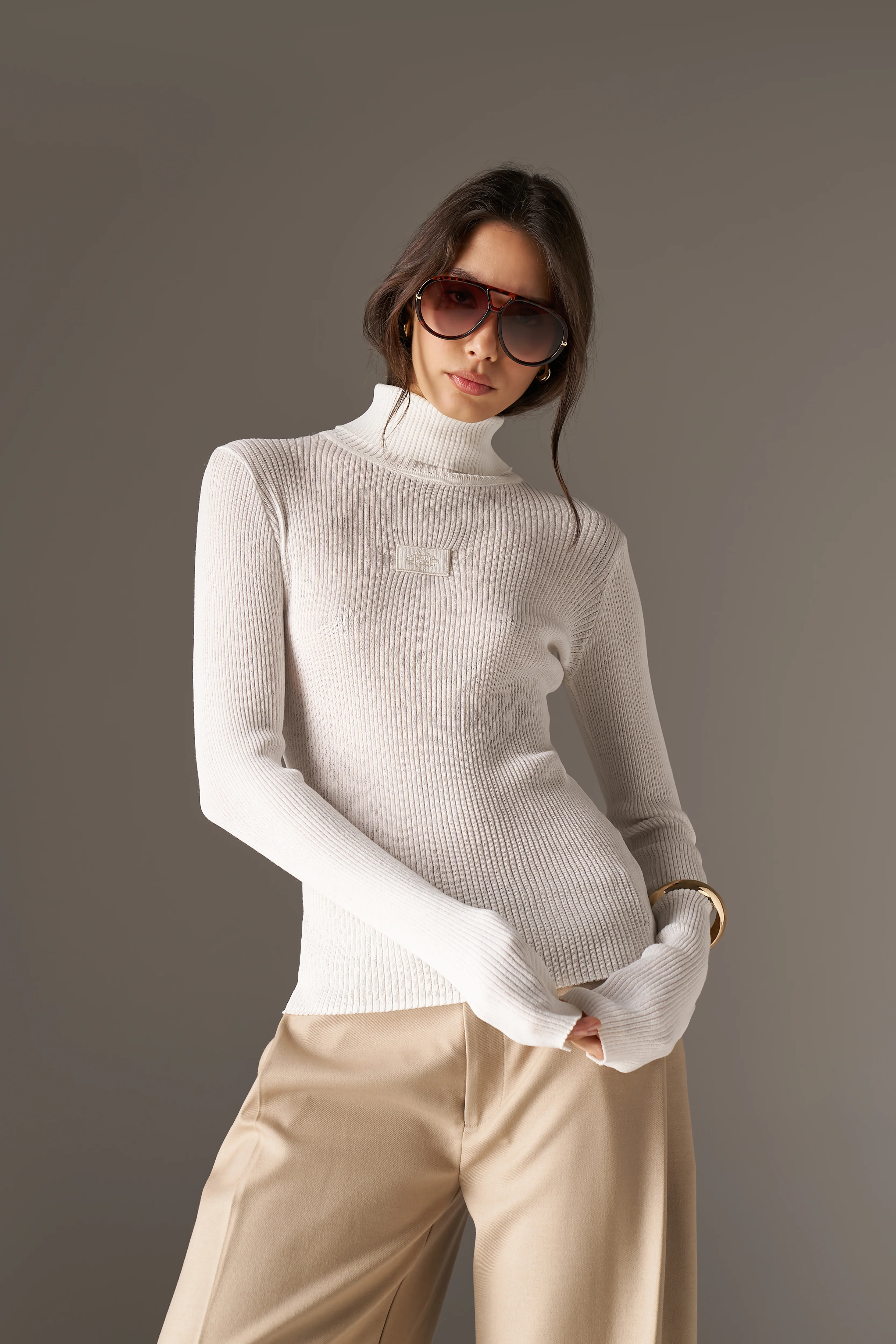 RIBBED ROLL NECK TOP - BONE - Image 5