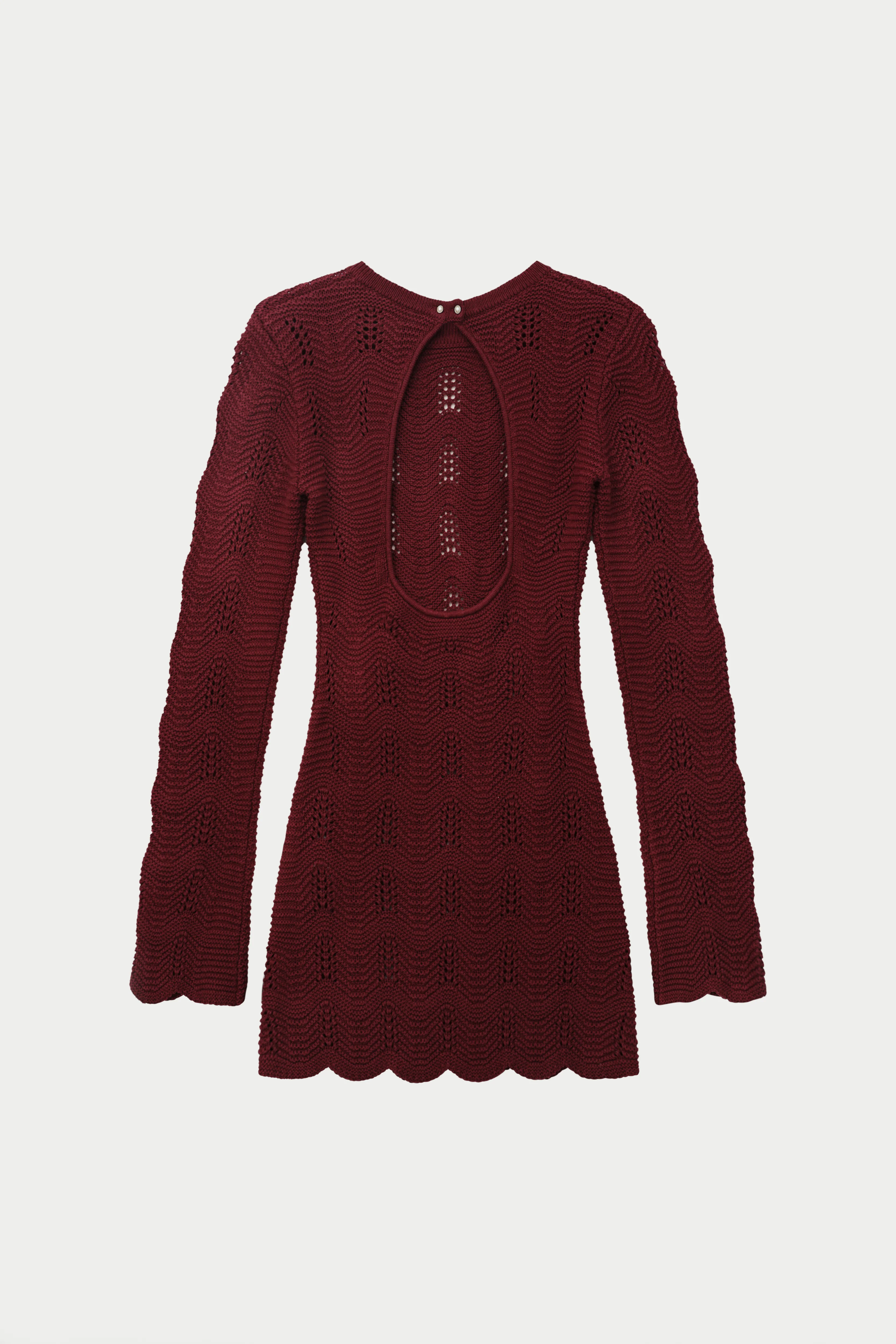 SCALLOP EDGE KNITTED MINI DRESS - BURGUNDY - Image 12