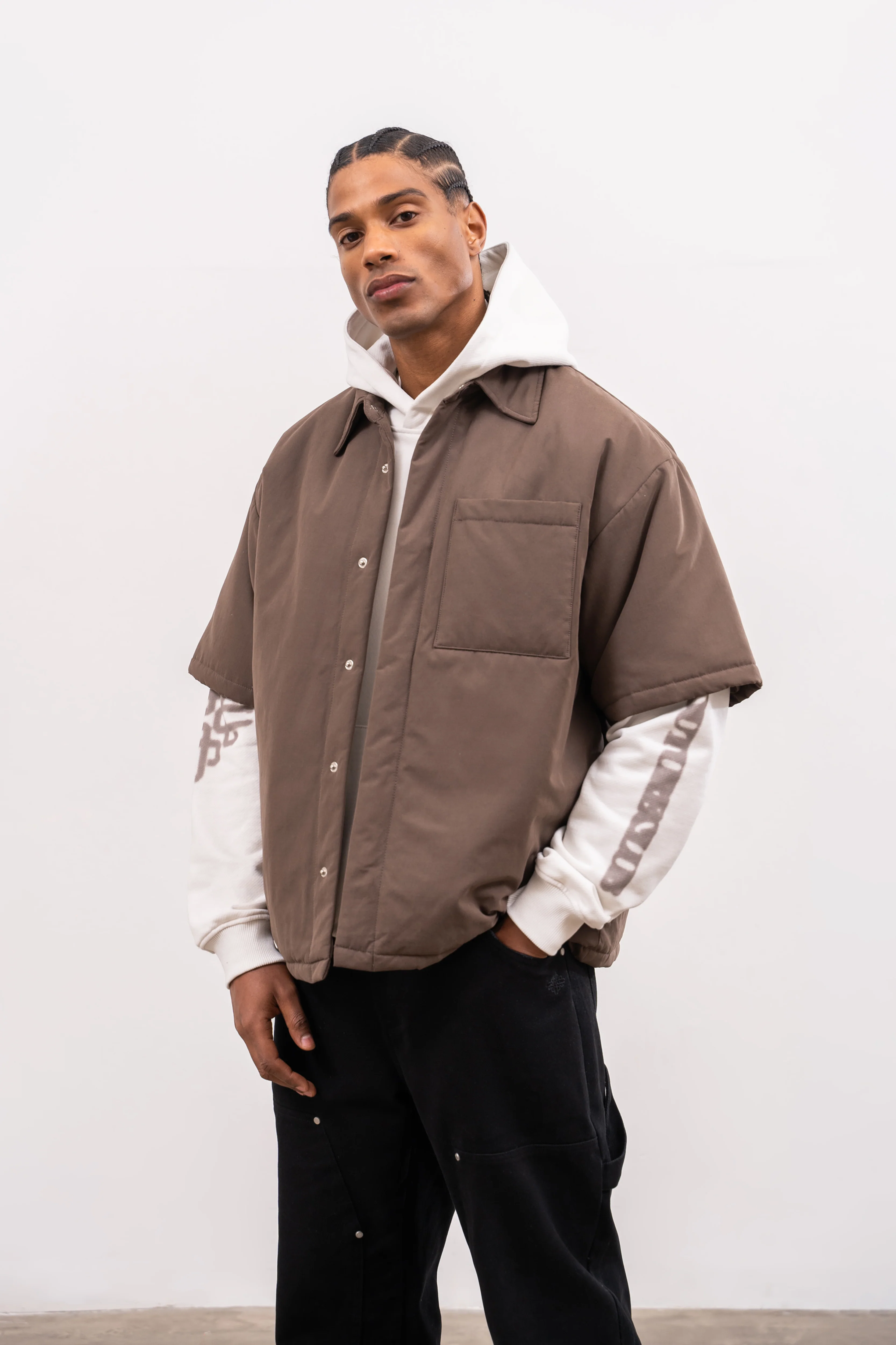 SHORT SLEEVE PADDED SHIRT - BROWN - Image 2