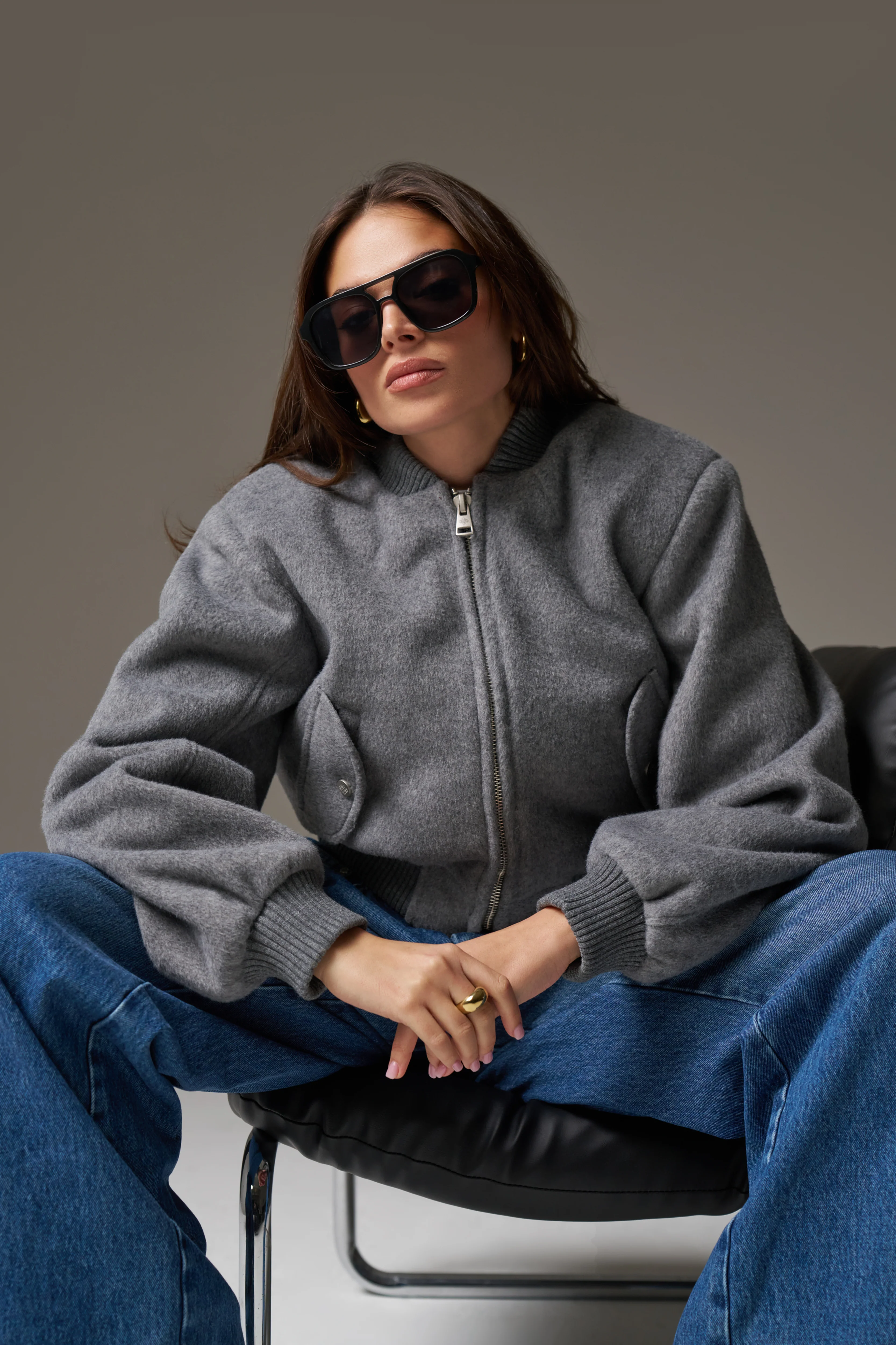 SHOULDER PADDED WOOL BLEND BOMBER JACKET - GREY MARL - Image 4