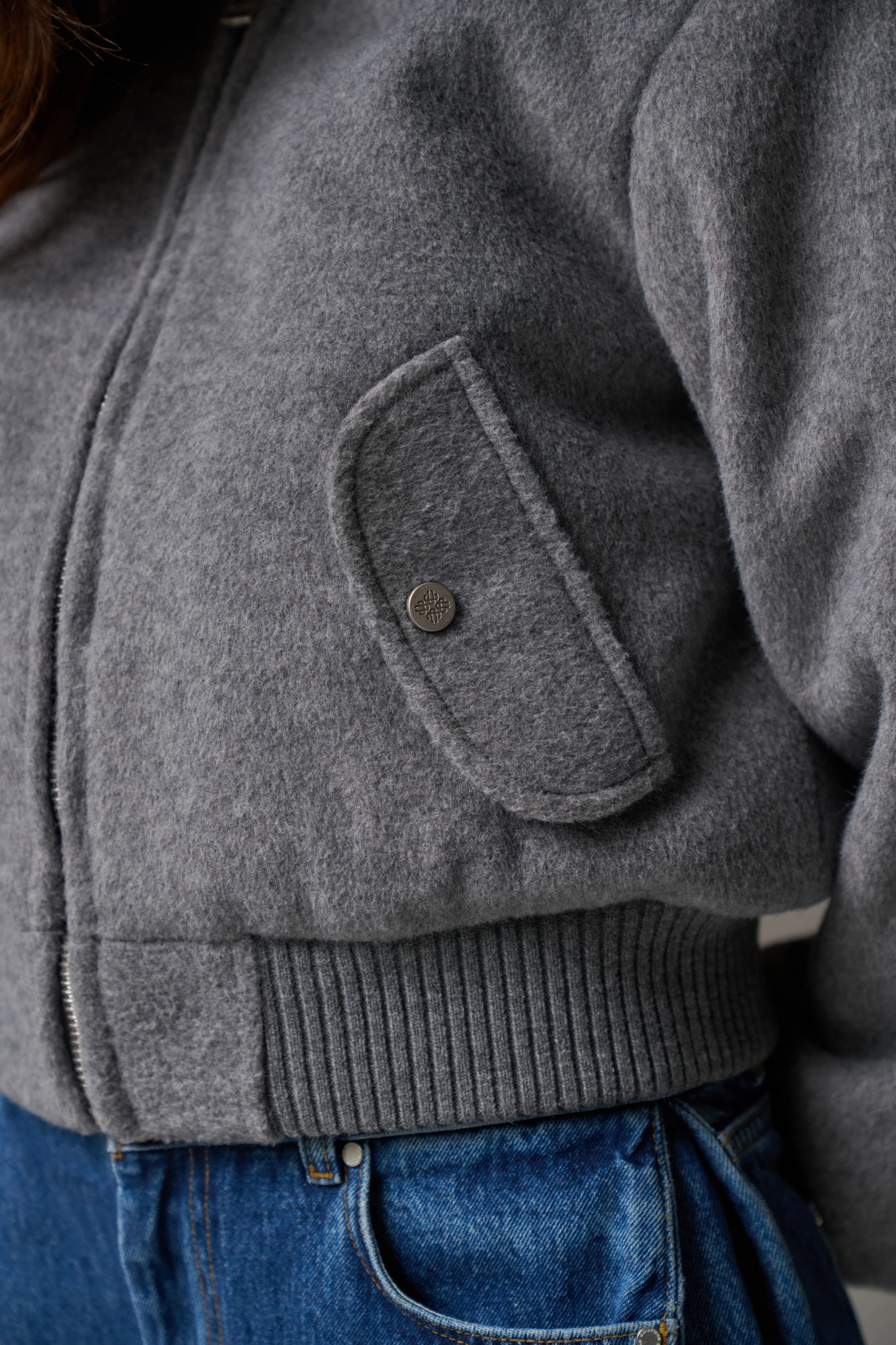 SHOULDER PADDED WOOL BLEND BOMBER JACKET - GREY MARL - Image 6