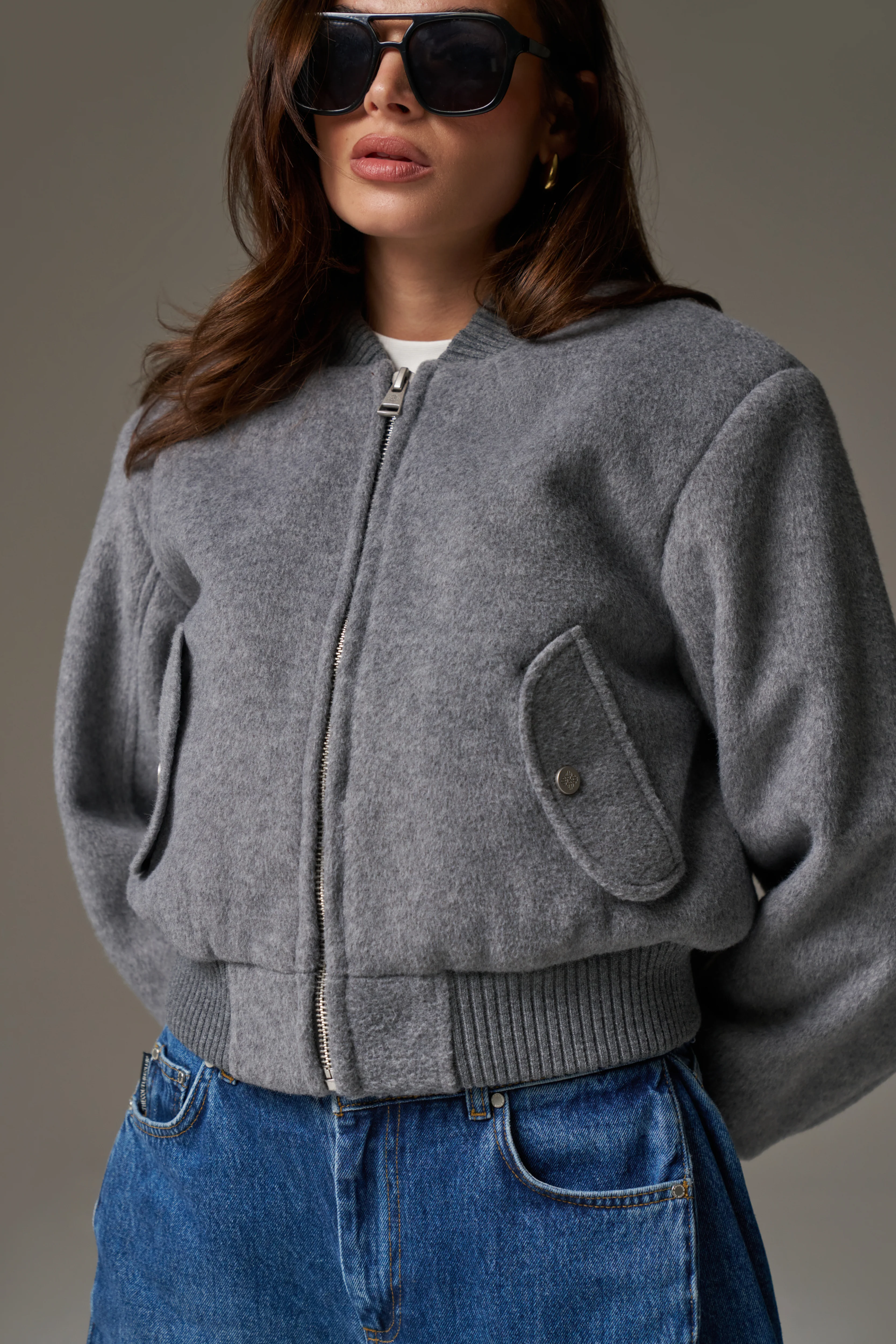 SHOULDER PADDED WOOL BLEND BOMBER JACKET - GREY MARL - Image 7