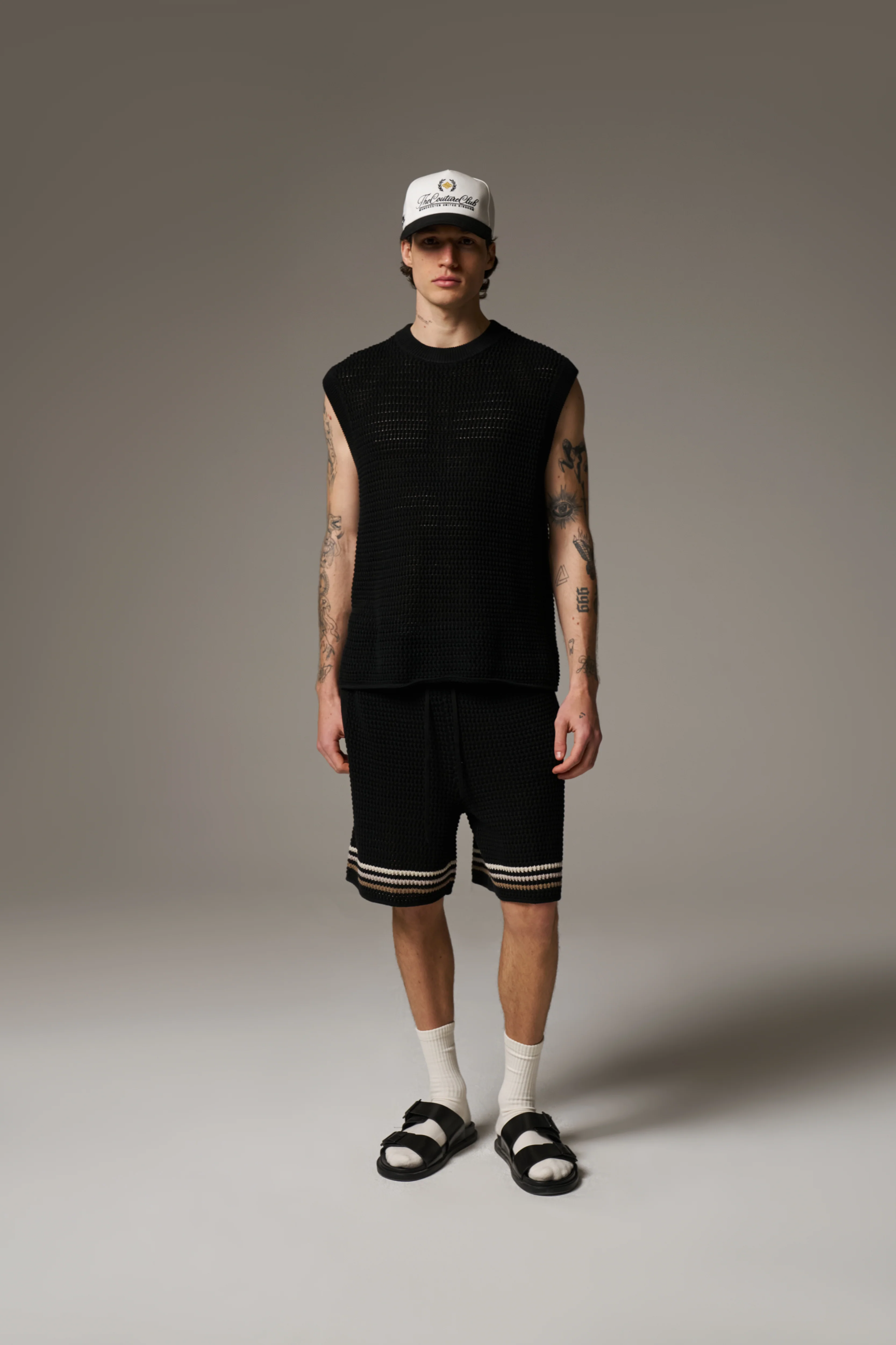 STRIPE CROCHET KNIT SHORTS - BLACK - Image 3