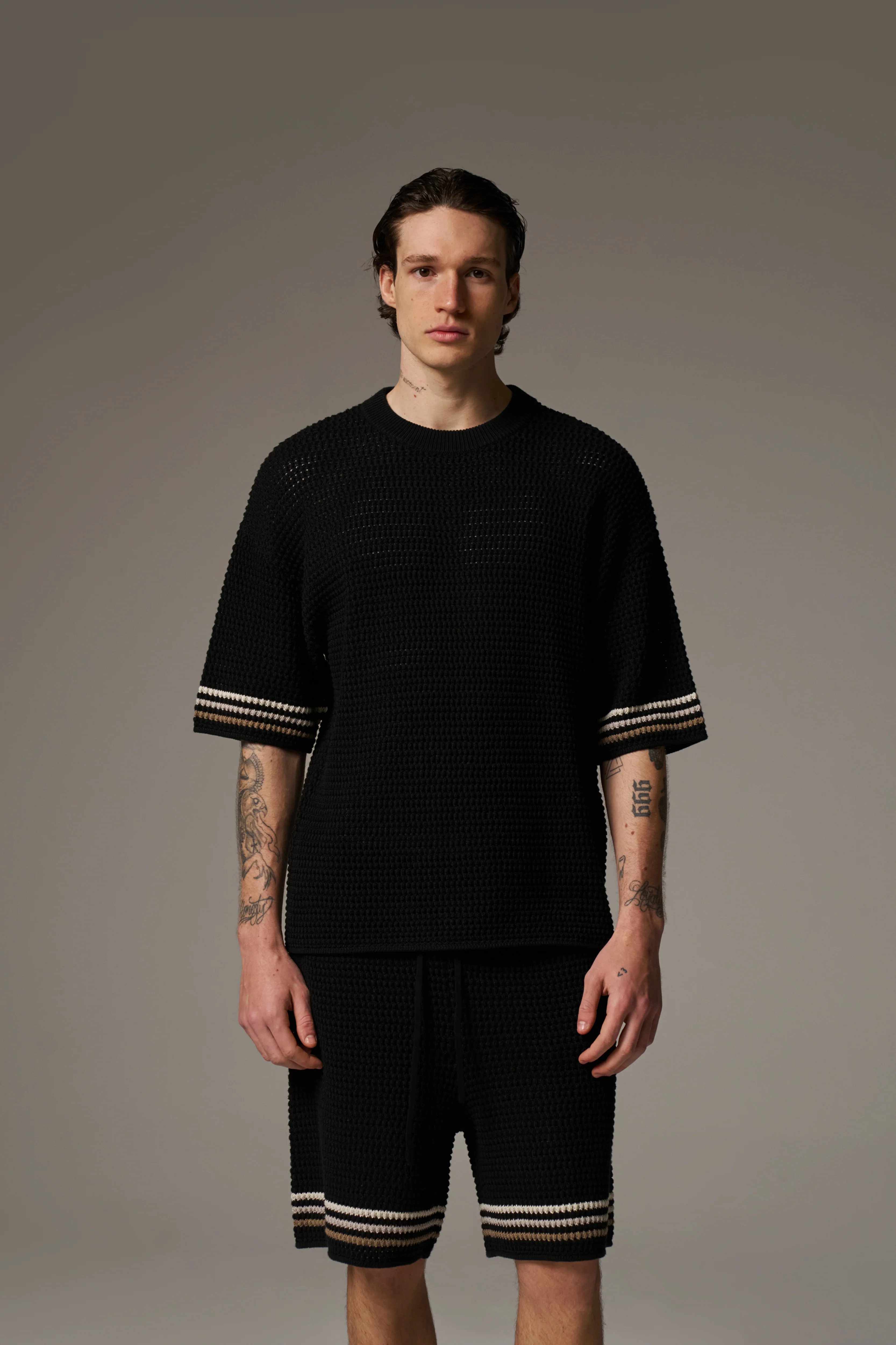 STRIPE CROCHET KNIT T-SHIRT - BLACK - Image 7