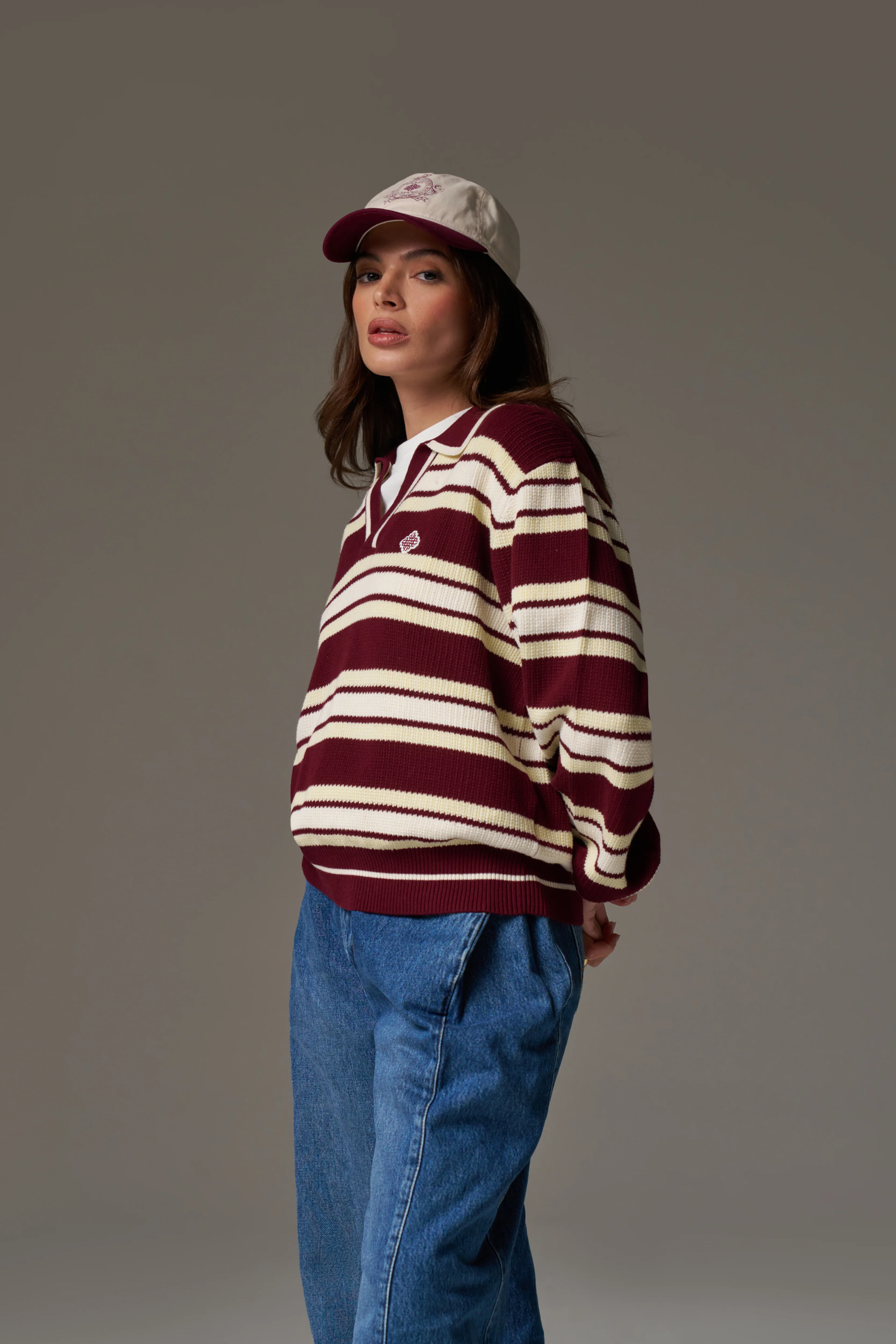 STRIPE KNITTED POLO SWEATSHIRT - BURGUNDY - Image 10