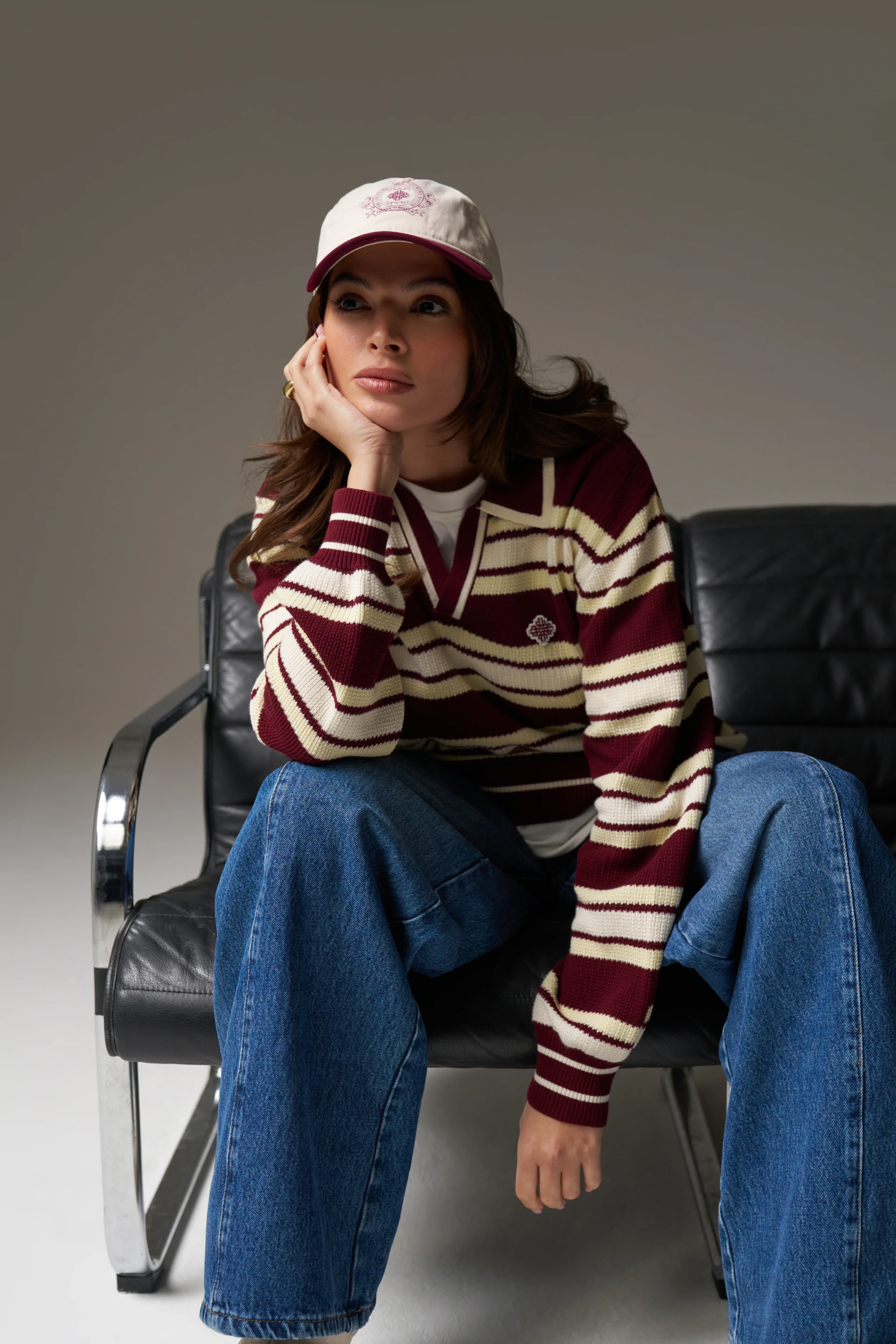 STRIPE KNITTED POLO SWEATSHIRT - BURGUNDY - Image 11
