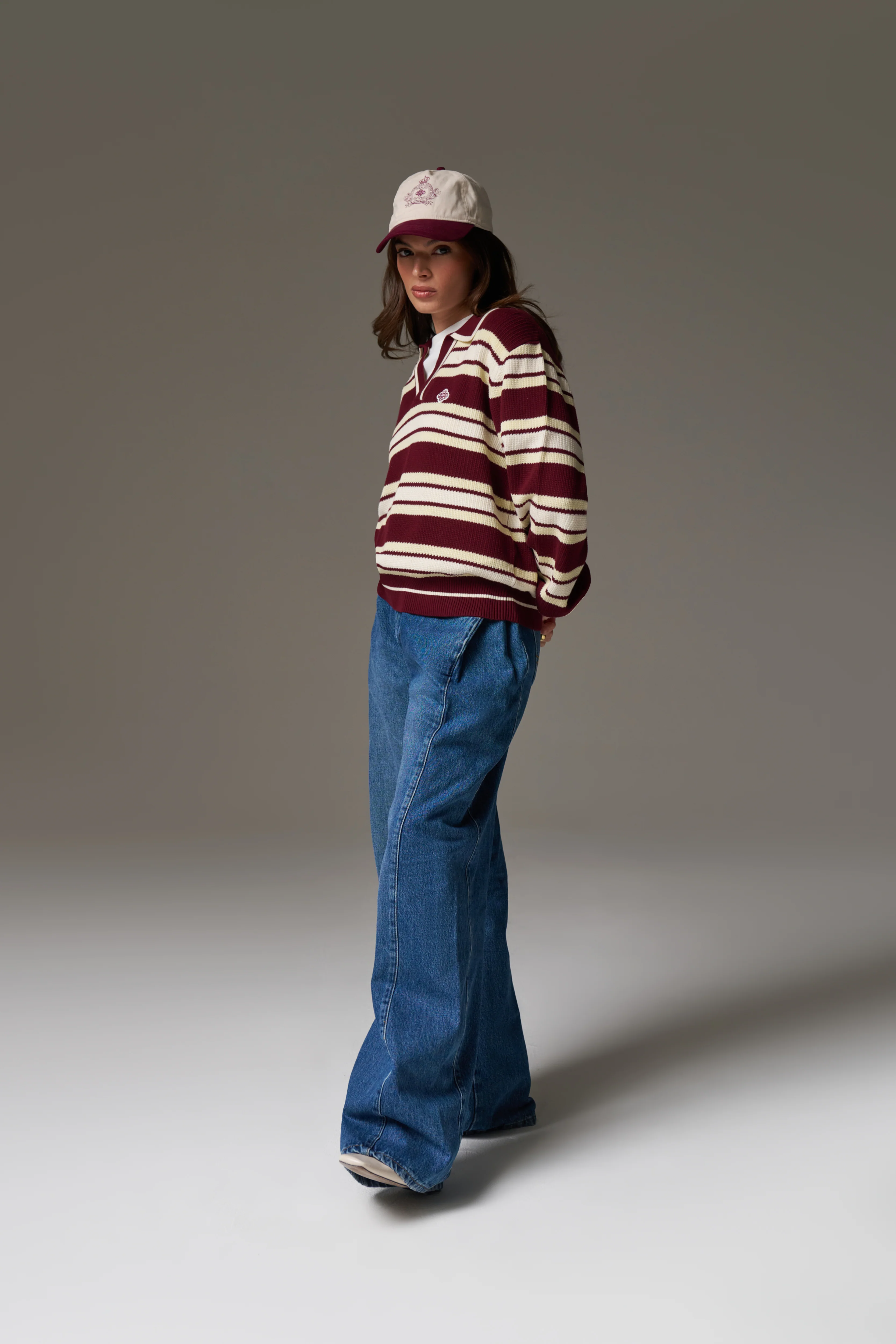 STRIPE KNITTED POLO SWEATSHIRT - BURGUNDY - Image 5