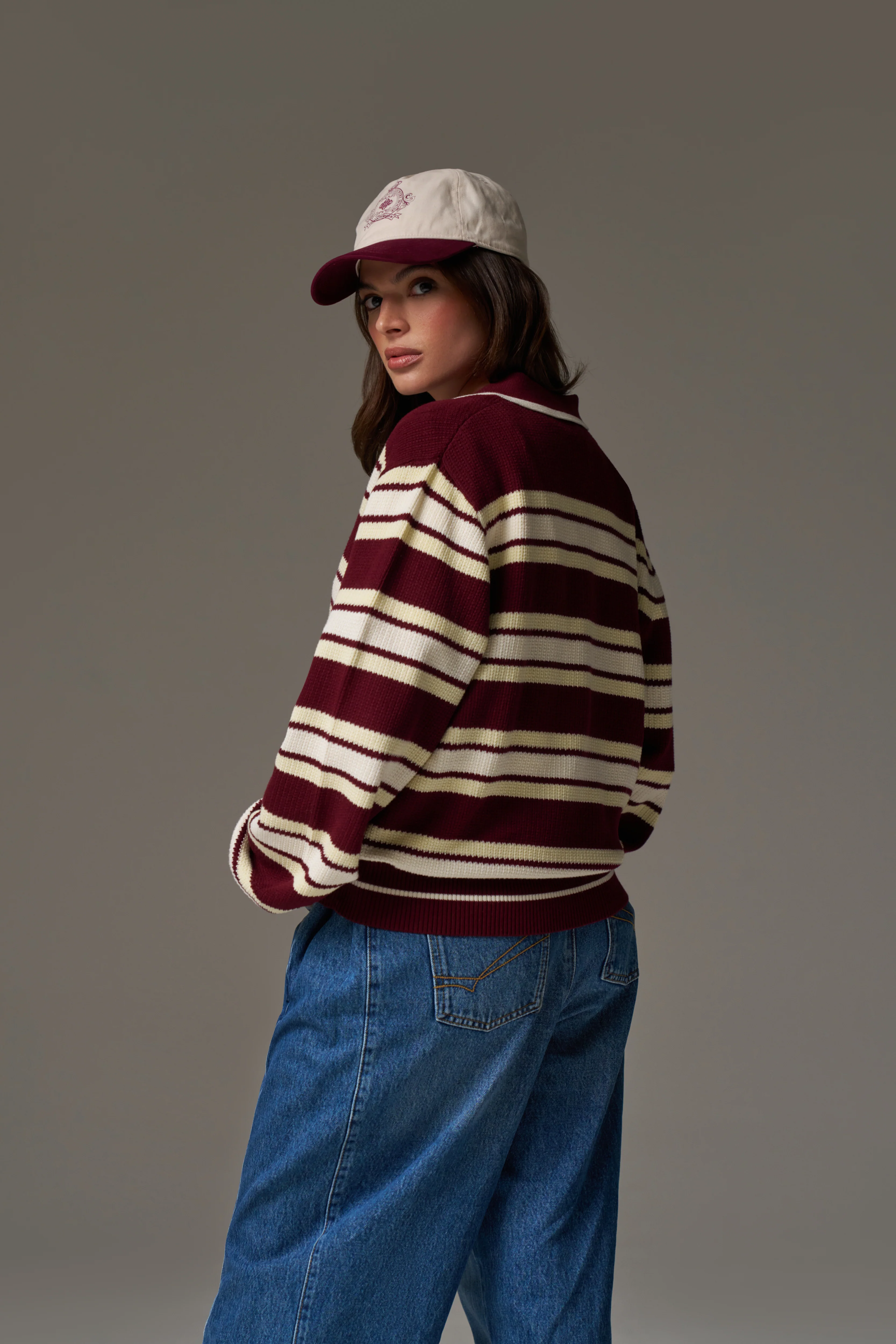 STRIPE KNITTED POLO SWEATSHIRT - BURGUNDY - Image 8