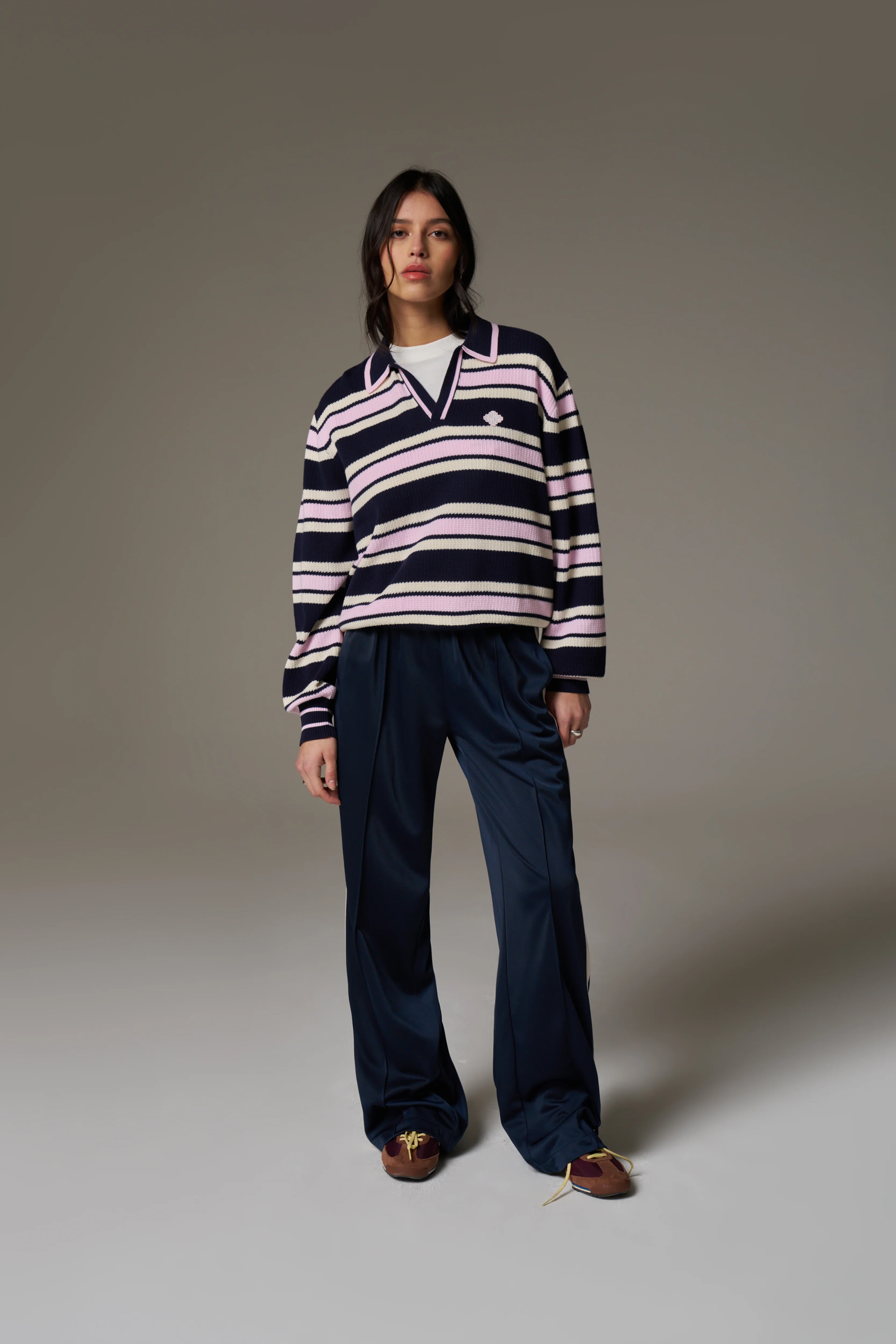 STRIPE KNITTED POLO SWEATSHIRT - NAVY - Image 5