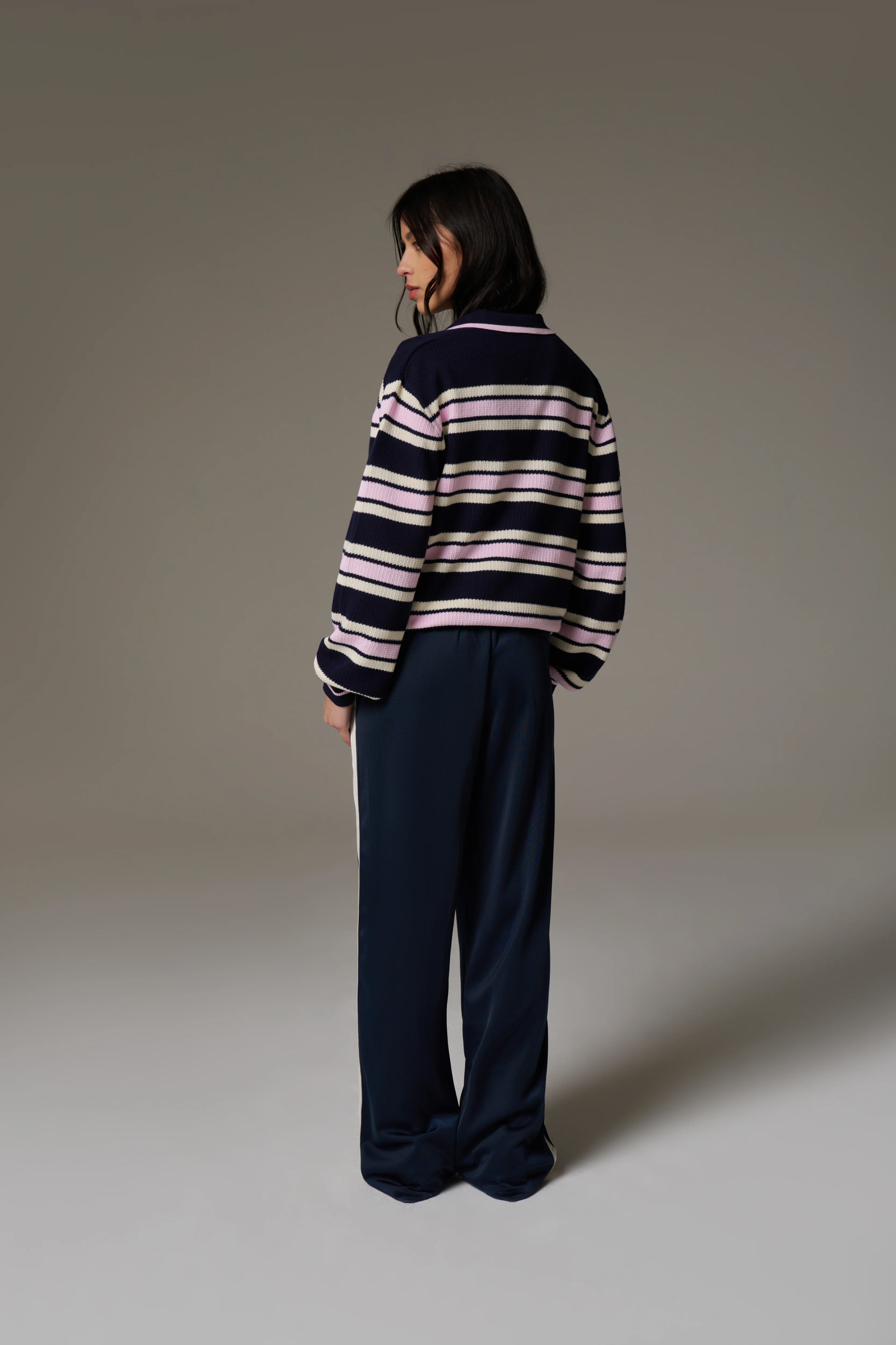 STRIPE KNITTED POLO SWEATSHIRT - NAVY - Image 7