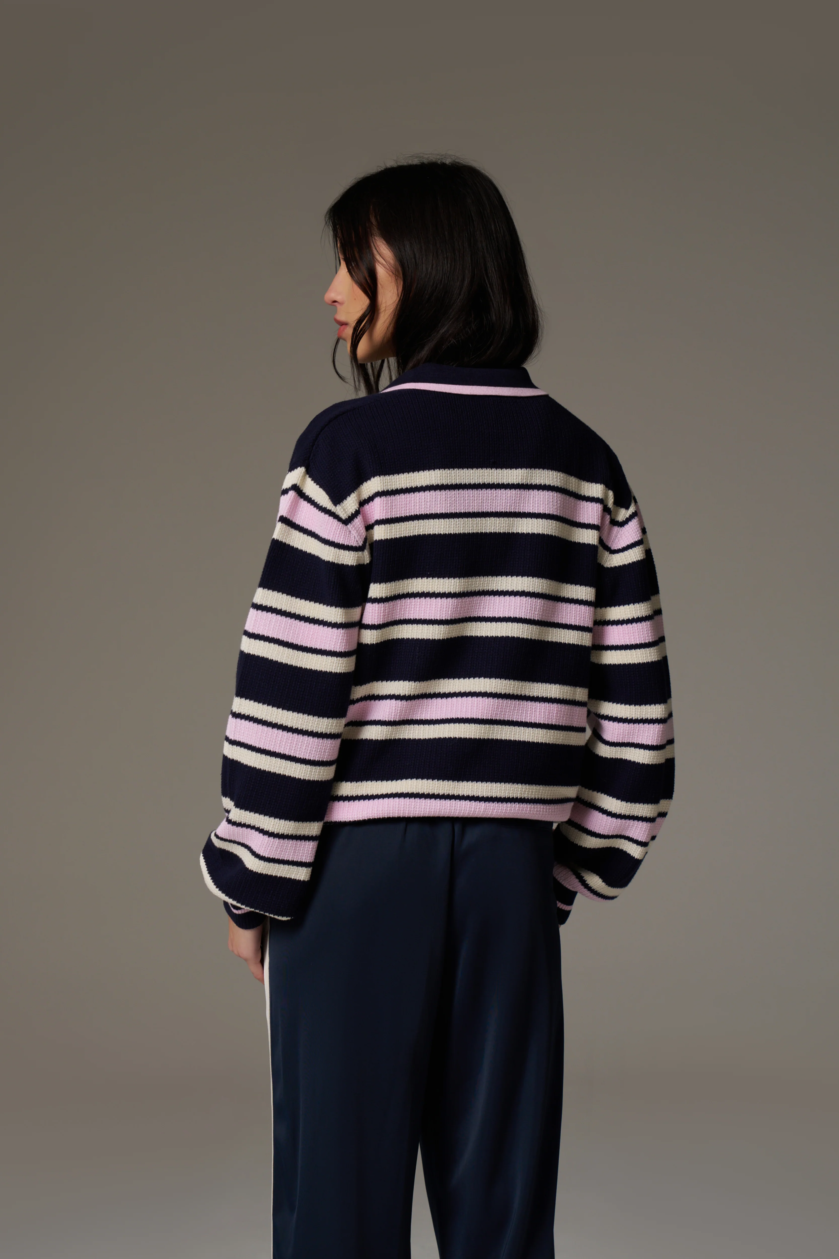 STRIPE KNITTED POLO SWEATSHIRT - NAVY - Image 8
