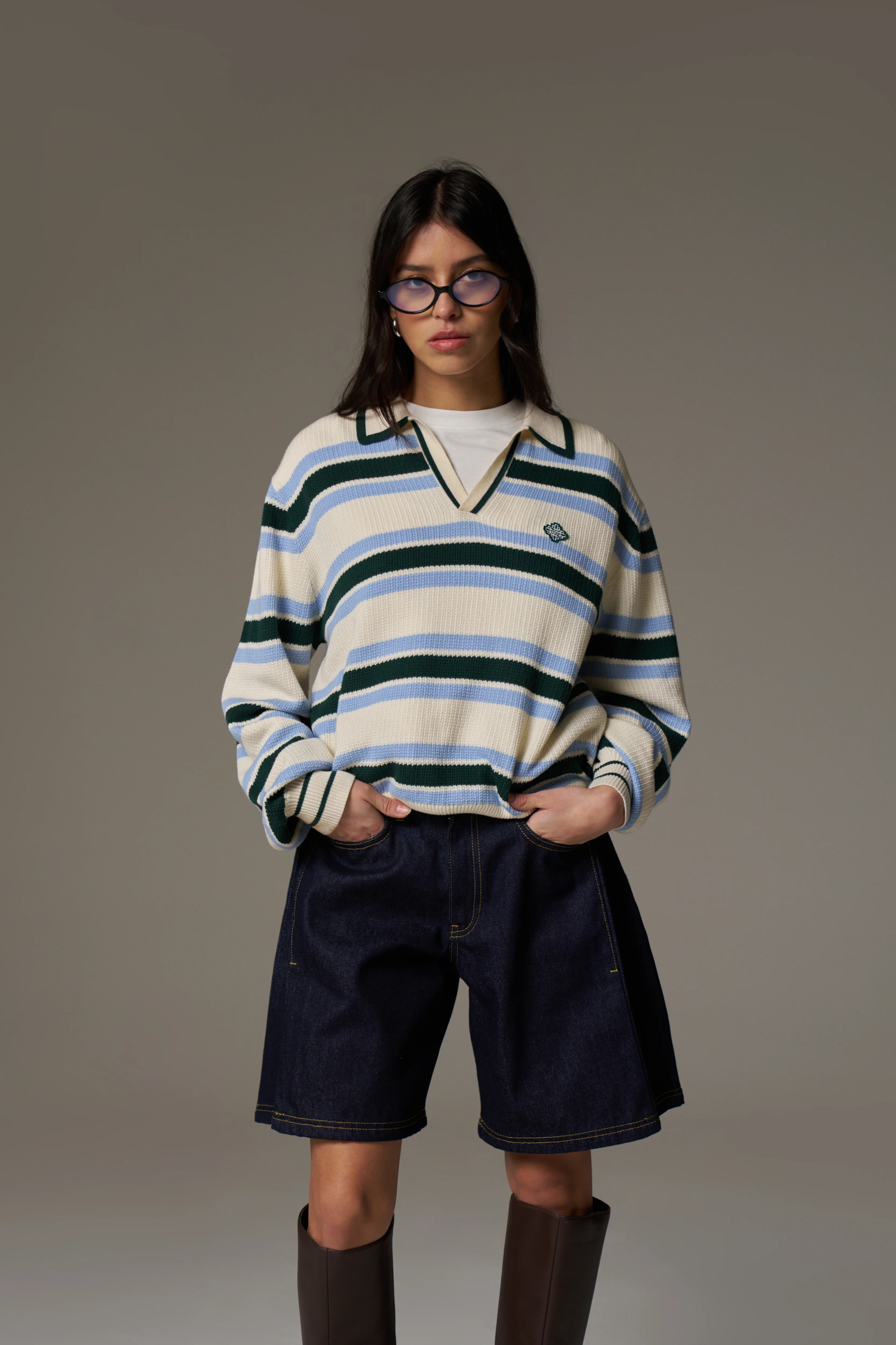 STRIPE KNITTED POLO SWEATSHIRT - OFF WHITE - Image 2